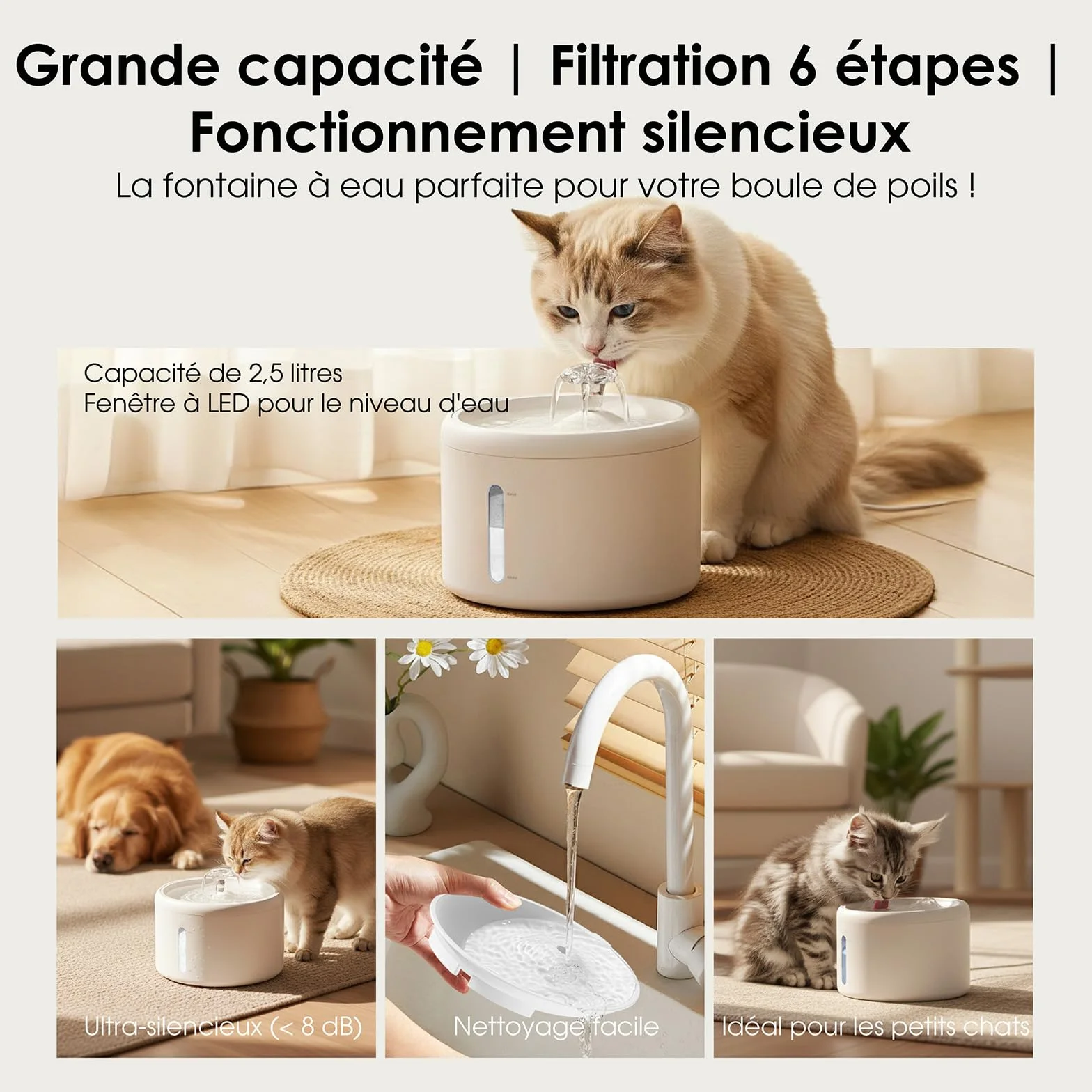 Fontaine à Eau Chat 2,5L Grande Capacité Ultra Silencieuse 8dB 6 Filtres Multi-Niveaux Distributeur Eau Chat ABS