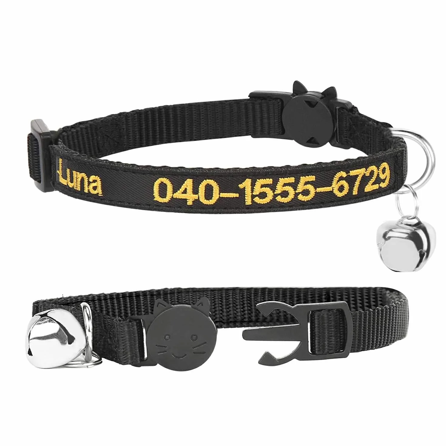 Collier de Chat personnalisé Breakaway avec Cloche, Boucle de sécurité, Nom brodé (Noir)