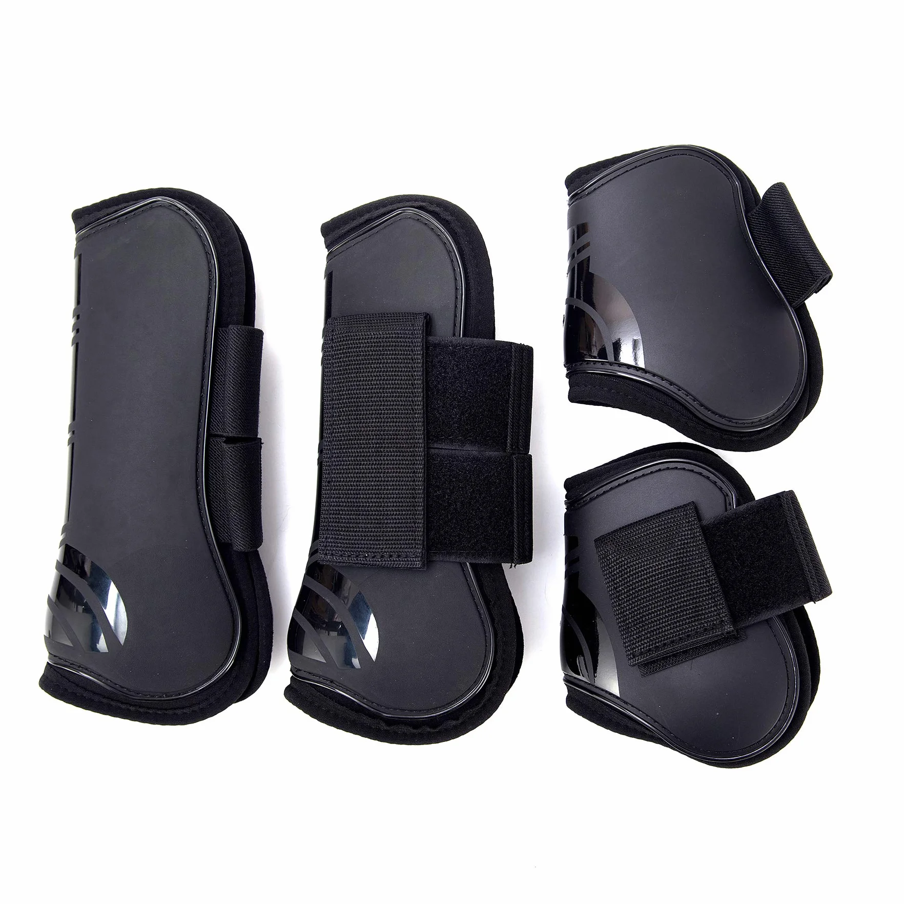 Guêtres pour chevaux Lot de 4 avec coque rigide et fermeture velcro PU robuste Tendon Boots Classic Noir