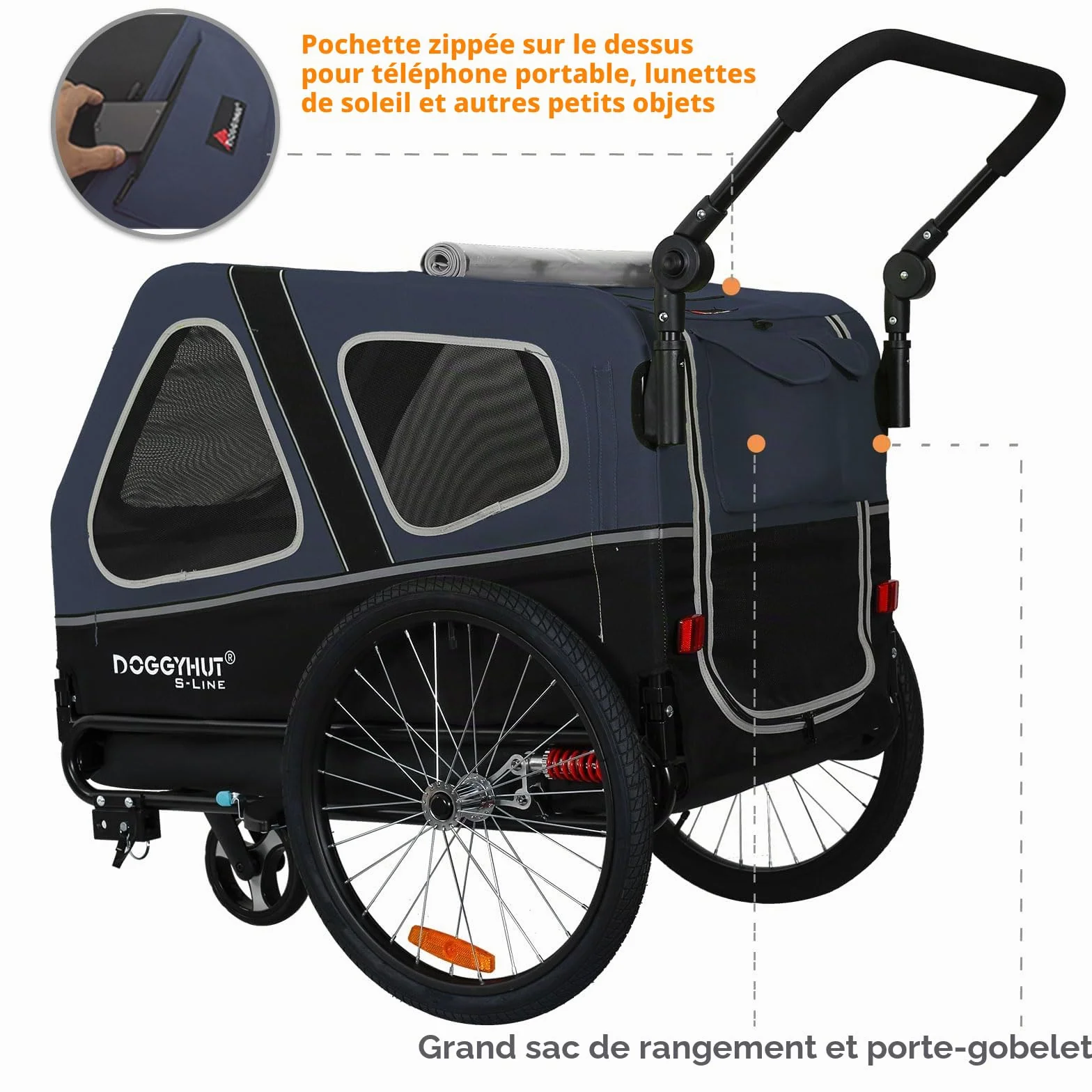 Remorque de vélo pour chiens DOGGYHUT® S-Line XL 45,4 kg, pliable, roues de suspension, frein de stationnement