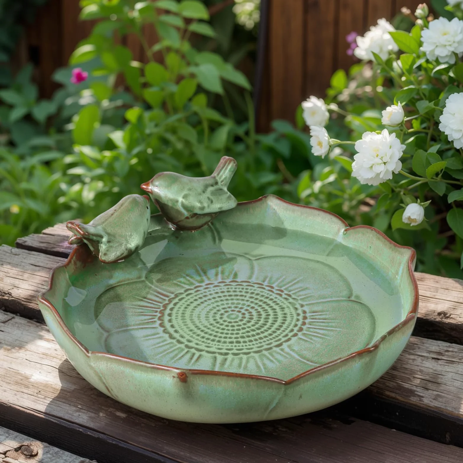 Baignoire pour oiseaux en céramique pour l'extérieur – 24,9 cm – Bol de bain pour oiseaux vert robuste uniquement, mangeoires à oiseaux au sol et gamelle d'eau pour oiseaux, jardin, patio