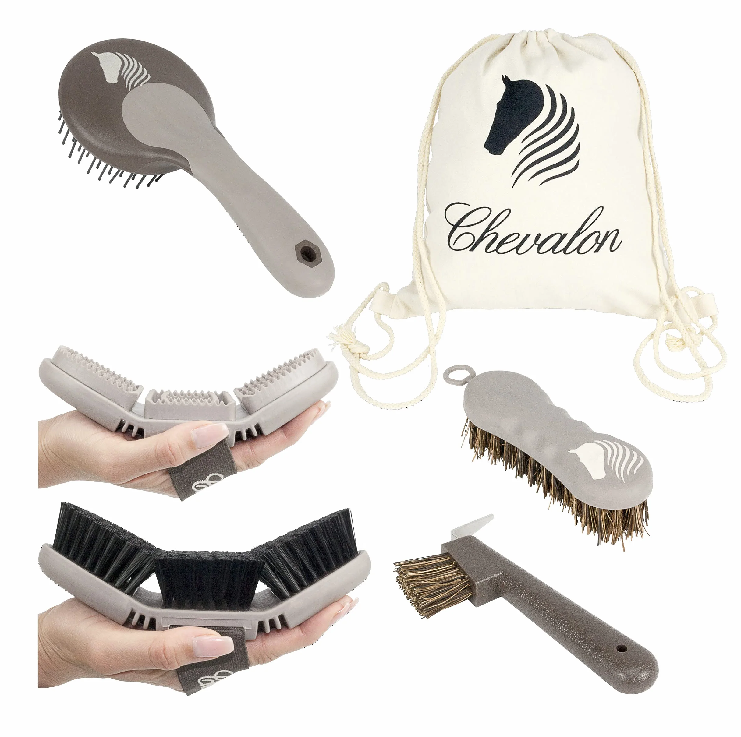 Chevalon Kit de nettoyage pour chevaux Brosse flexible Étrille Brosse de massage 2in1 cure pied V2A Brosse à crinière