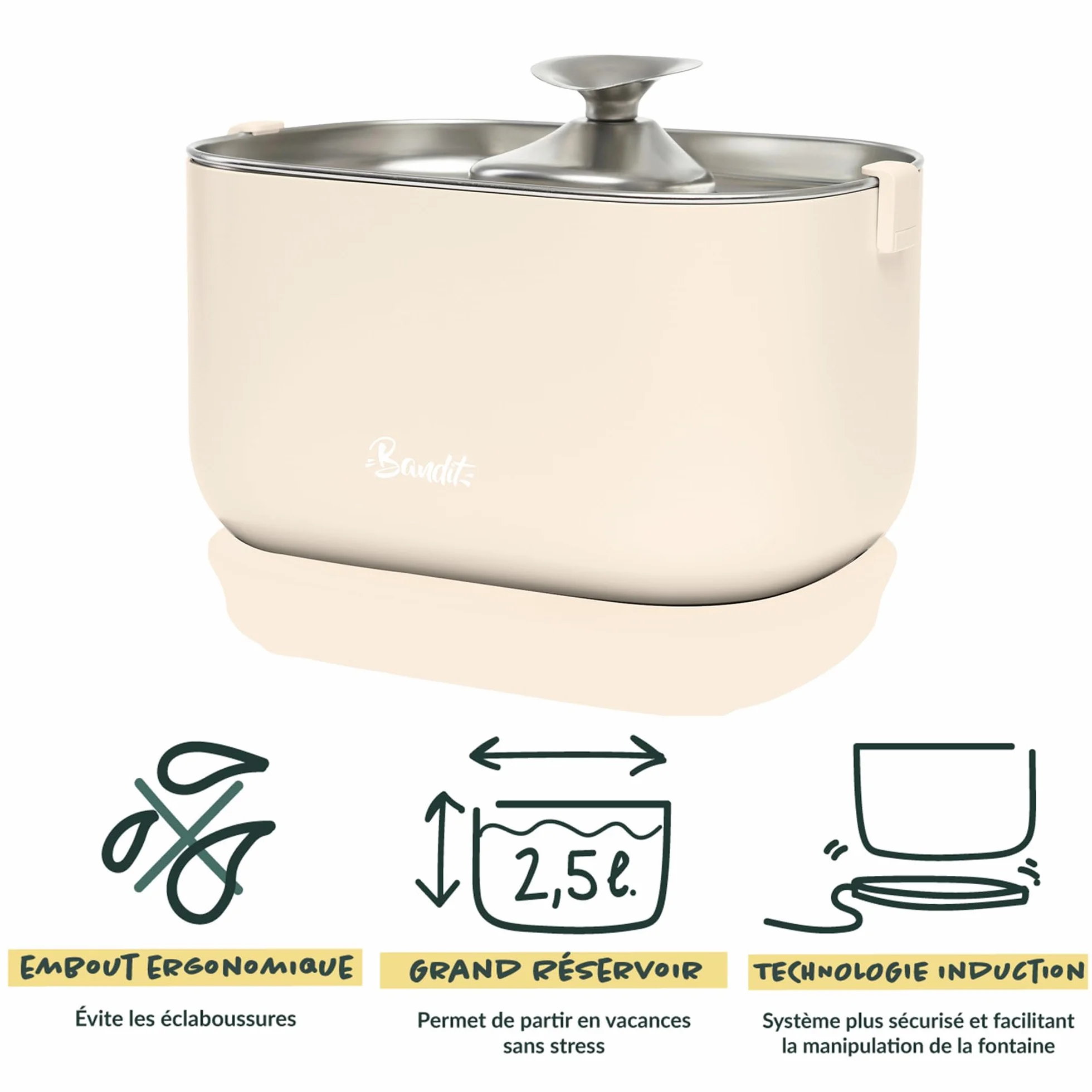 Fontaine à Eau Filaire pour Chat 2,5L Acier Inoxydable Filtration 4 étapes Ultra silencieuse 30dB Plateau Lave-Vaisselle Crème