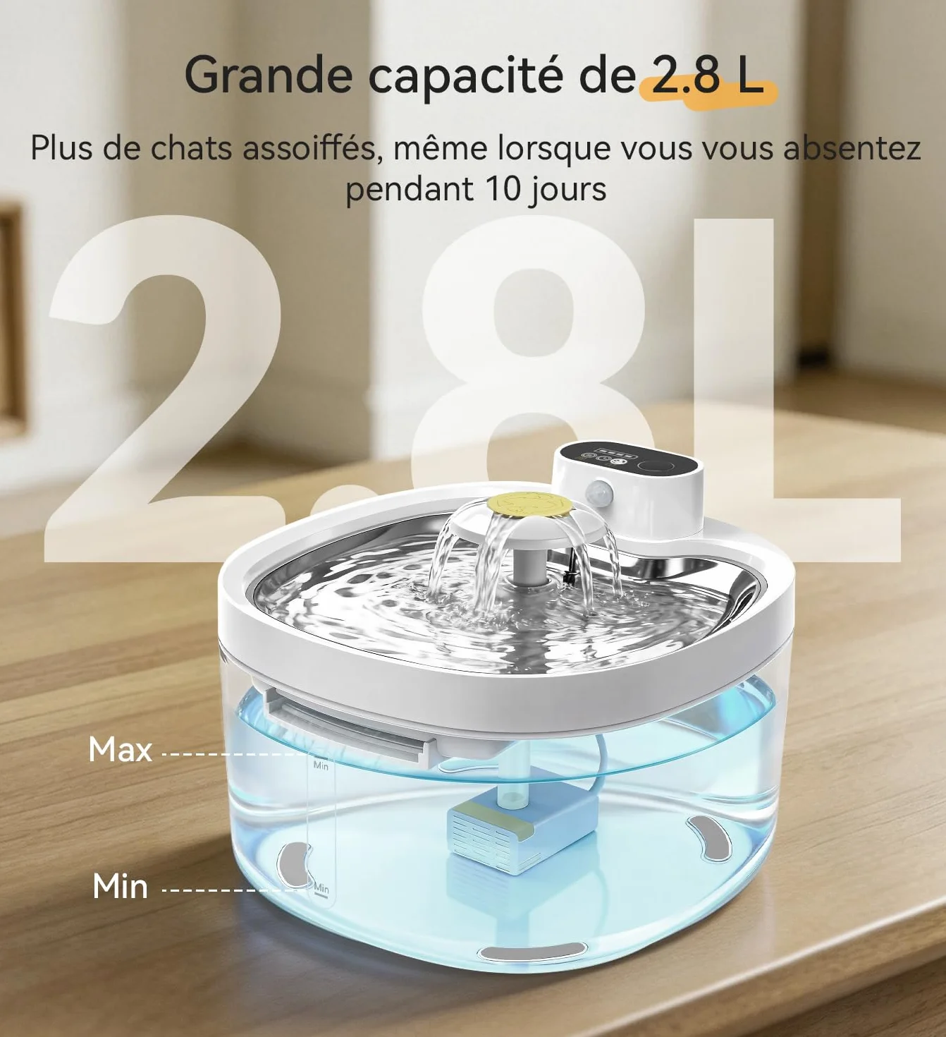 Fontaine à Eau pour Chat sans Fil 2,8L INOX Ultra-Silencieuse <20dB Batterie 4000mAh avec Capteur et Minuteur 3 Filtres