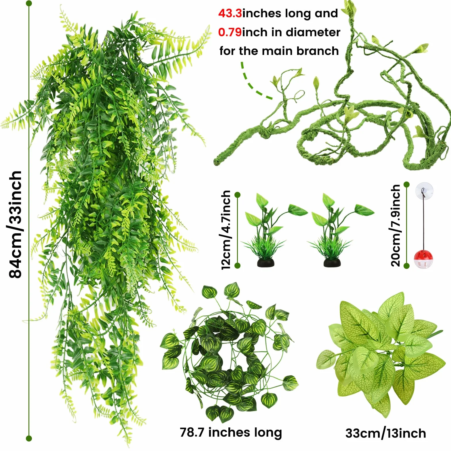QUOZUO Décoration pour lézards, Plante suspendues Artificielle Terrarium Grandes Plante Decoration Vignes Branche Decorative pour Lézard Escalade