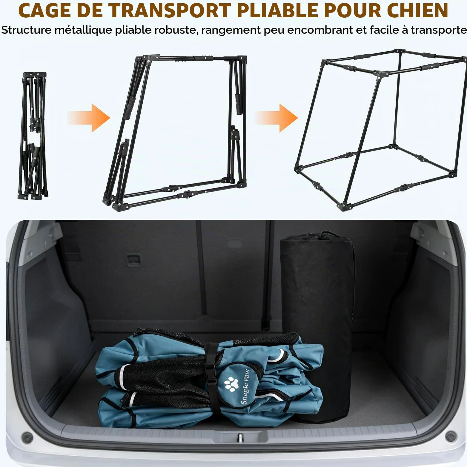 Snagle Paw Cage portable pour chien pour voyage en voiture, cadre en métal, cage de transport pour animal domestique pour siège arrière de voiture sécurisée avec sangle d'appui-tête et ceinture de