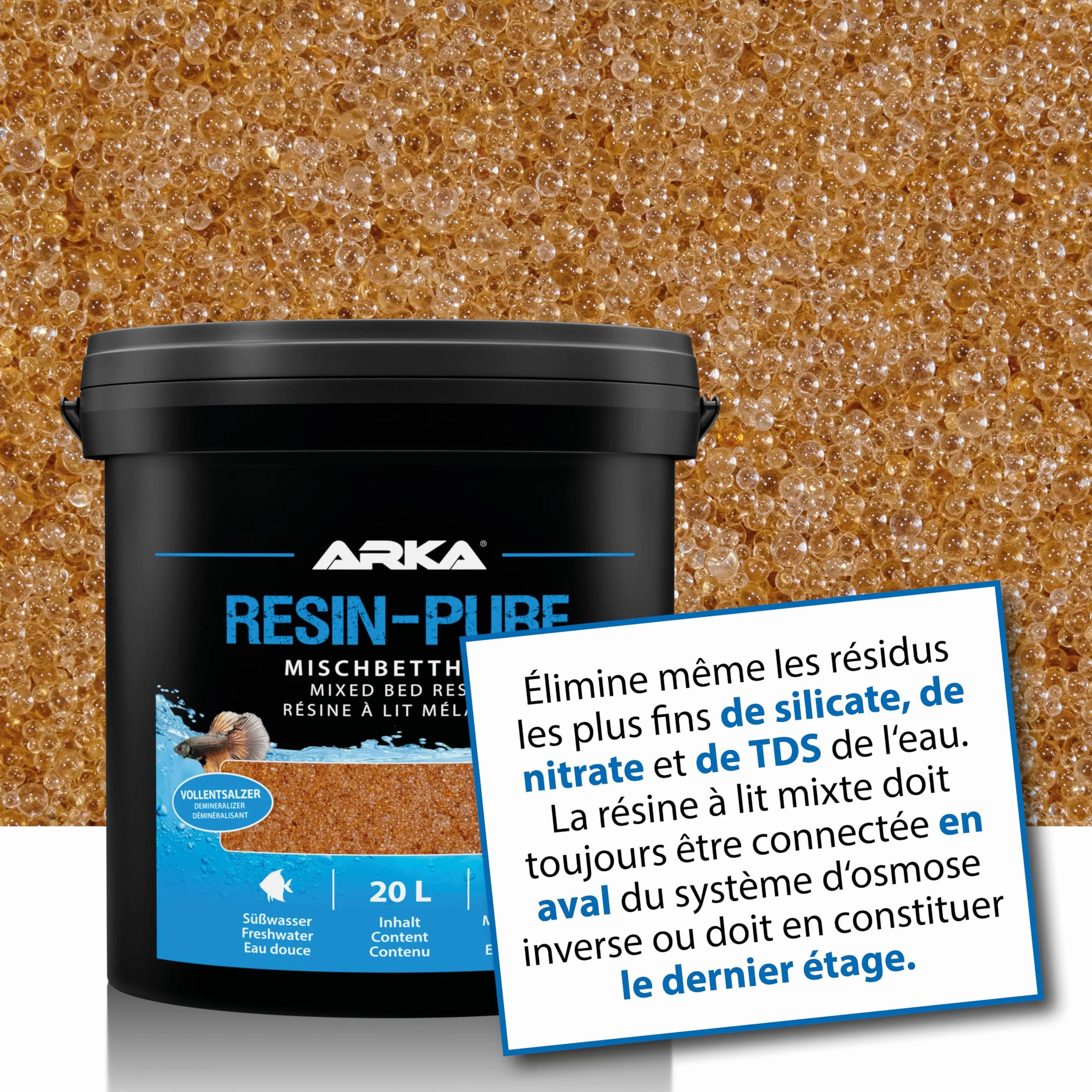 Résine échangeuse Aquarium – ARKA Resin-Pure 5 l – déioniseur pour Osmose Inverse – supprime 100 % TDS, silicates & nitrates – Eau Ultra Pure ~0,1 μS/cm – Filtre Recharge ionique