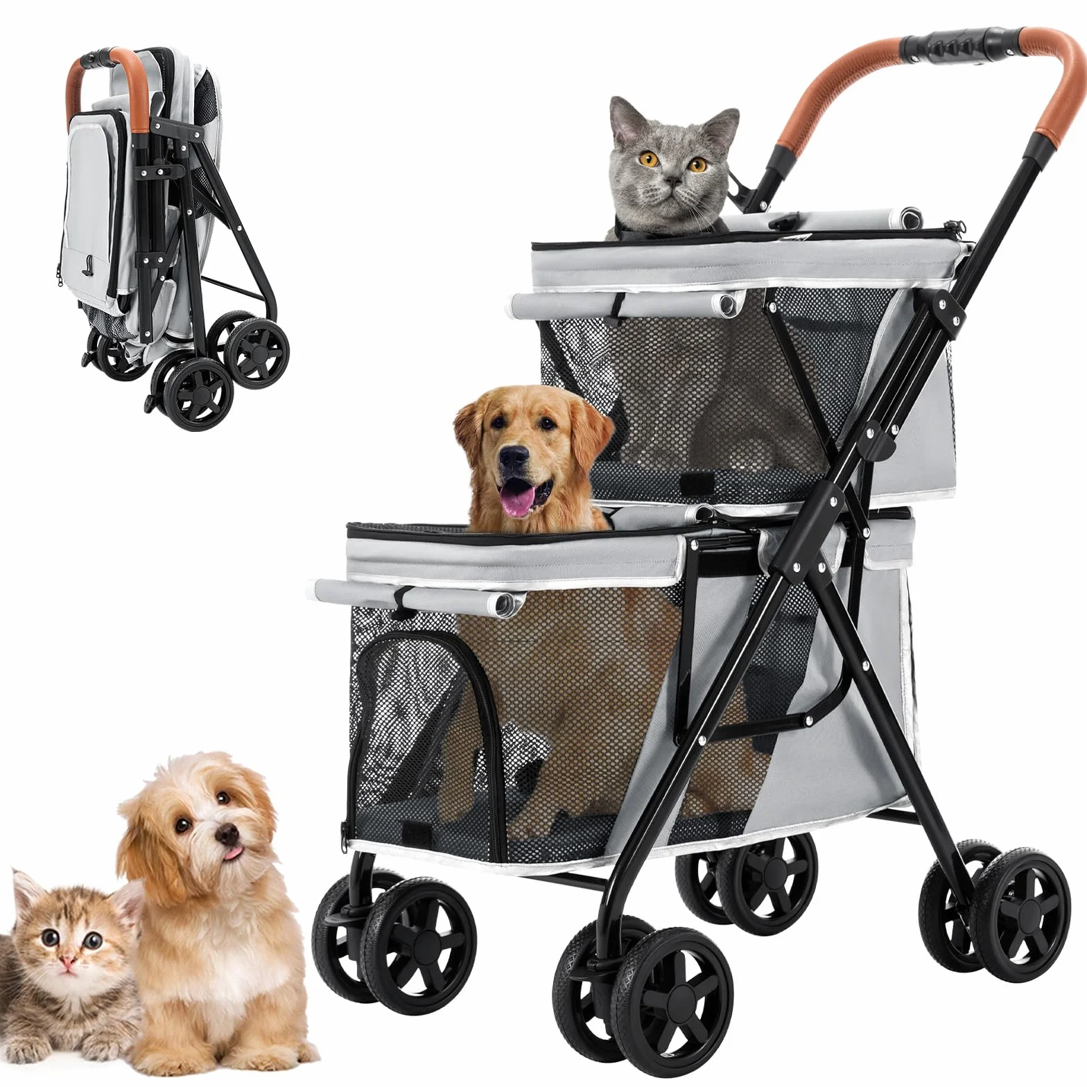 Poussette pour Chien Chat Pliable Double 4 Roues Amorties 20kg Chariot Tout-Terrain avec Panier de Rangement Gris
