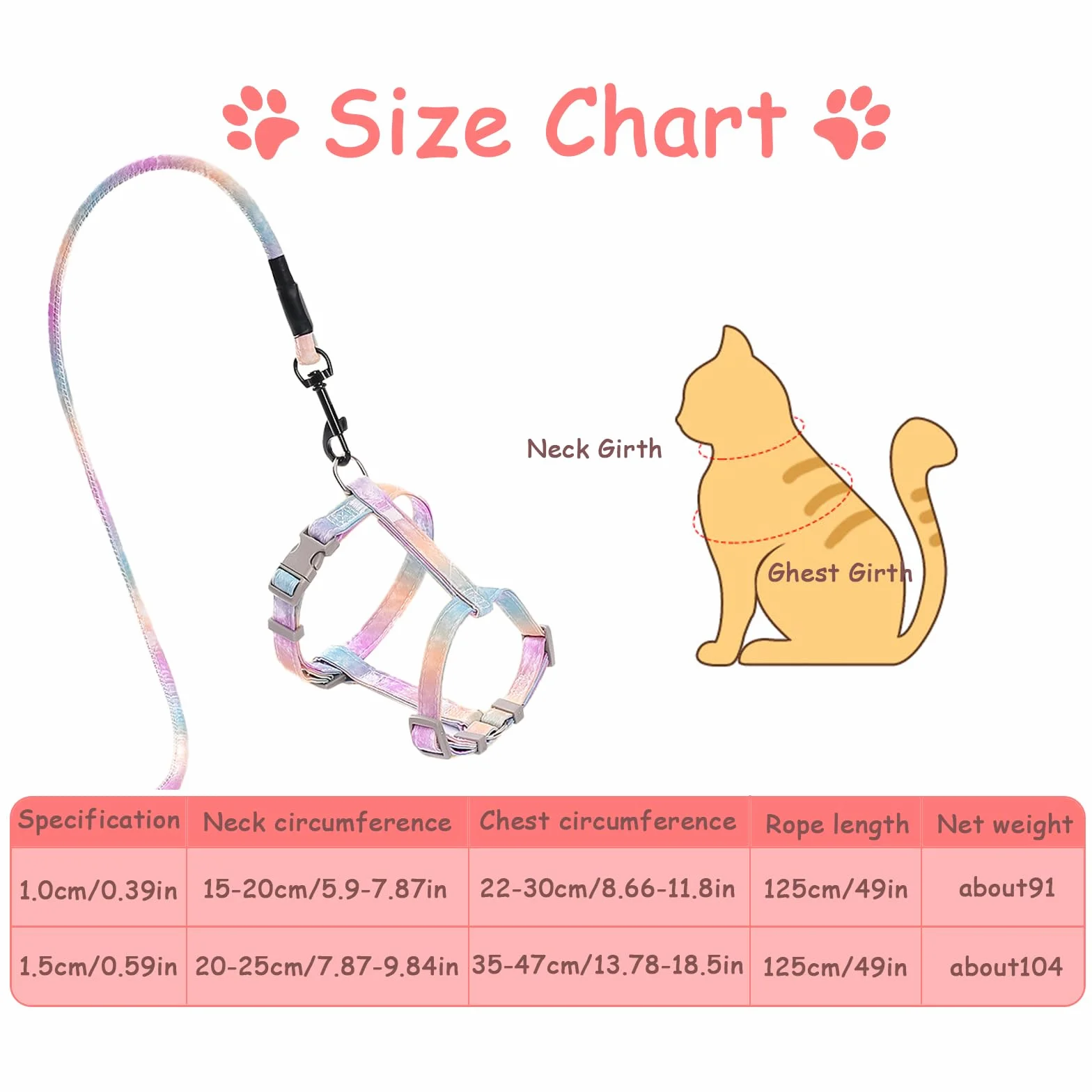 Harnais et laisse pour chat arc-en-ciel anti-fuite sangle réglable promenade plein air