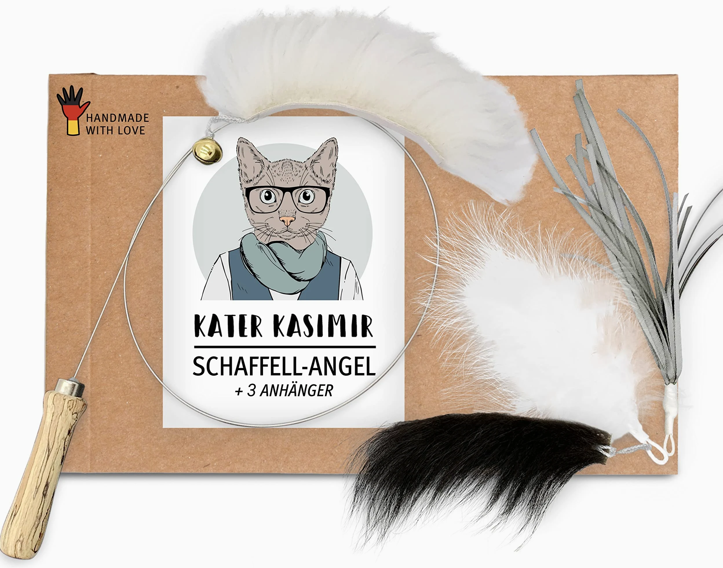 Jouet de pêche pour chat - Fil long et solide avec 4 pendentifs interchangeables avec plumes - Cuir véritable - Fabriqué à la main en Allemagne - Jouet naturel pour chat
