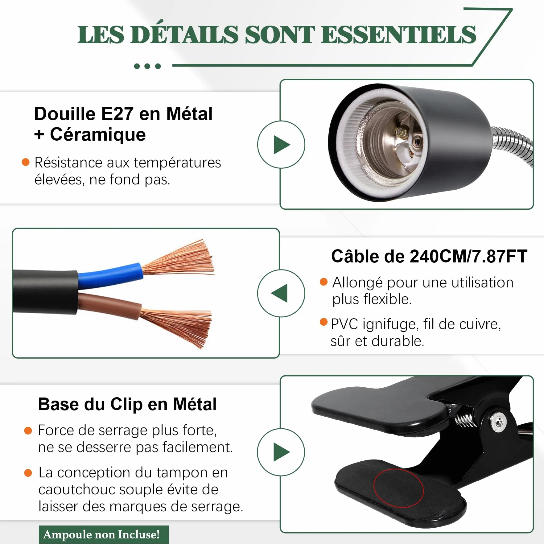 Lampe Chauffante pour Reptile avec Col de Cygne 11 mm 40 cm, Douille E27 Céramique Dimmable