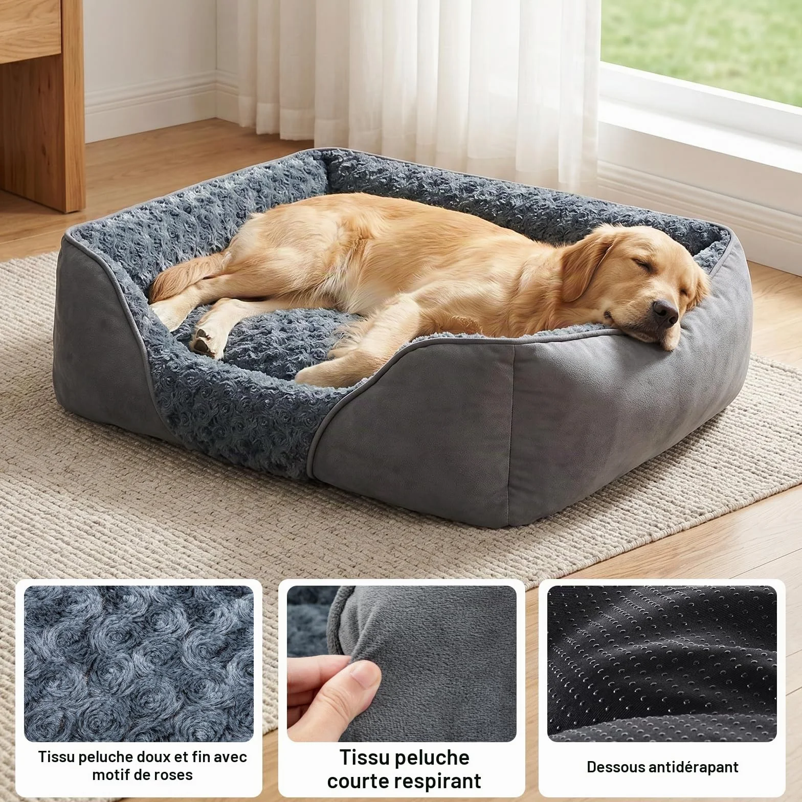 JOEJOY Panier pour Chien Grande Taille, Lit Chien Lavable Pelucheux, Antidérapant Coussin Anti-anxiété, 89x63x23cm
