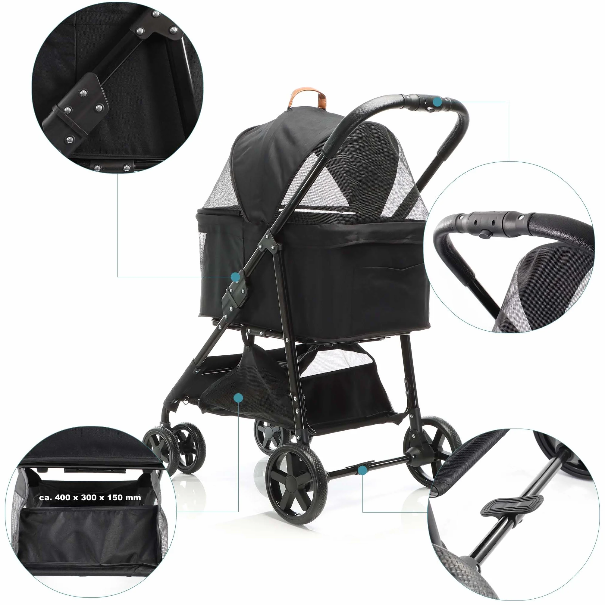Fudajo Poussette pliable pour chiens et chats 2 en 1 – Capacité max. 20 kg – Noire – Acier et EVA – Buggy Chariot petits animaux