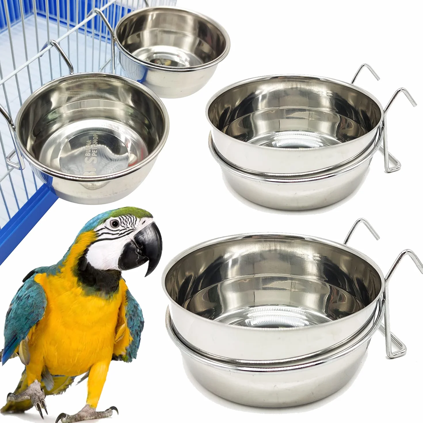 Lot de 2 gamelles en acier inoxydable pour oiseaux avec crochet 4 tailles