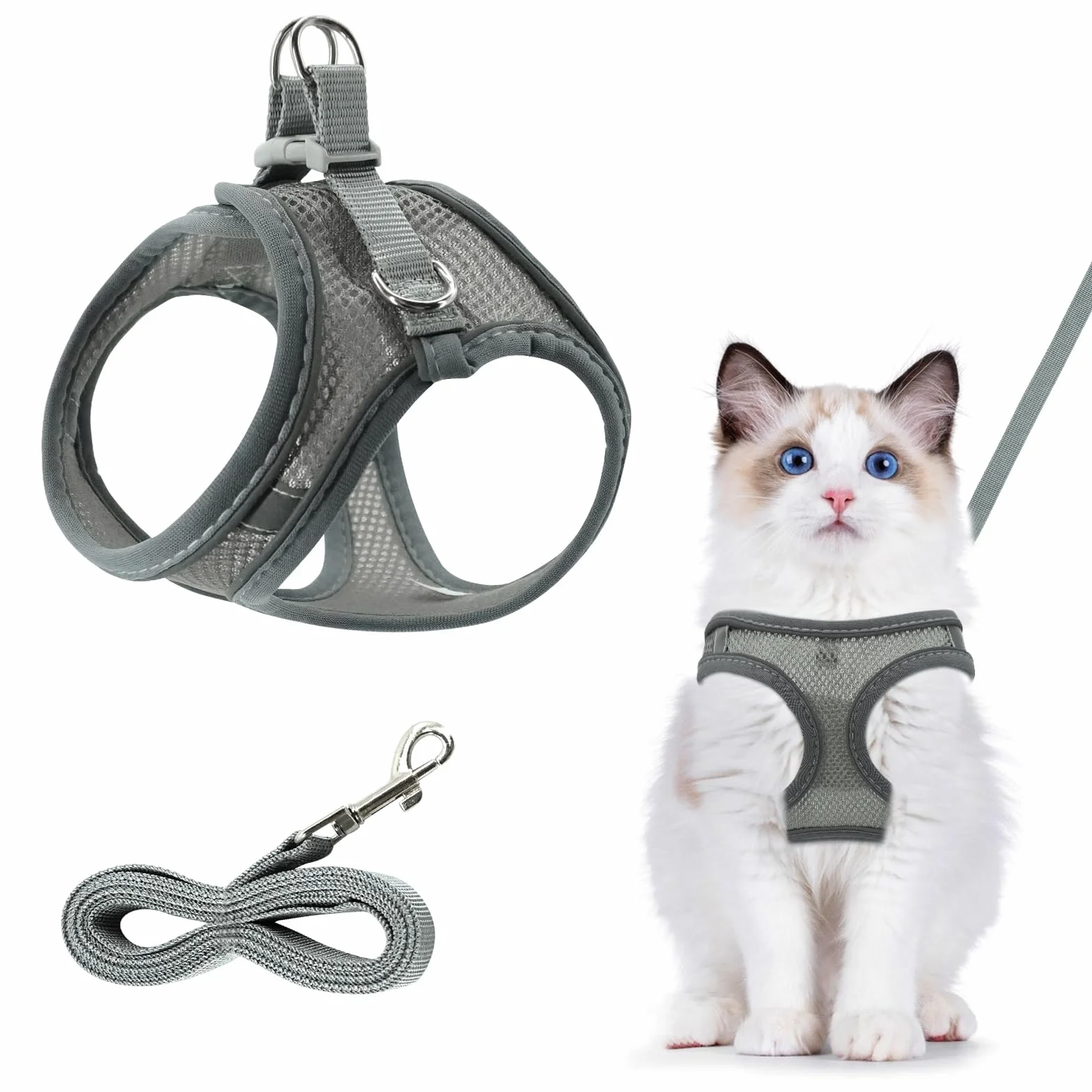 Harnais respirant pour chat gris réfléchissant réglable anti-éclatement avec laisse taille XS