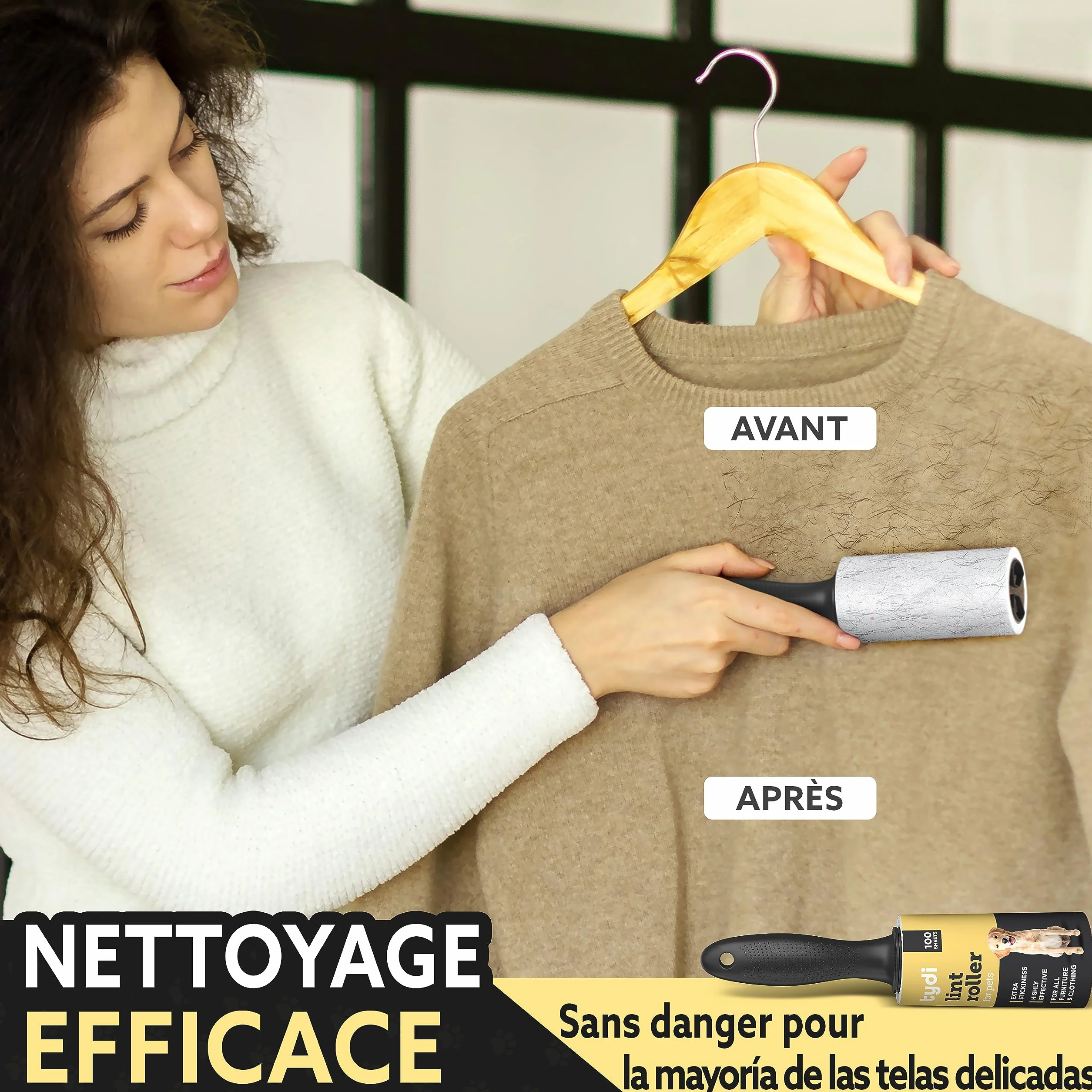 Tydi Rouleau Poils Animaux Réutilisable 500 Feuilles Brosse Adhesive avec 2 Poignées Recharge pour Vêtements Canapés