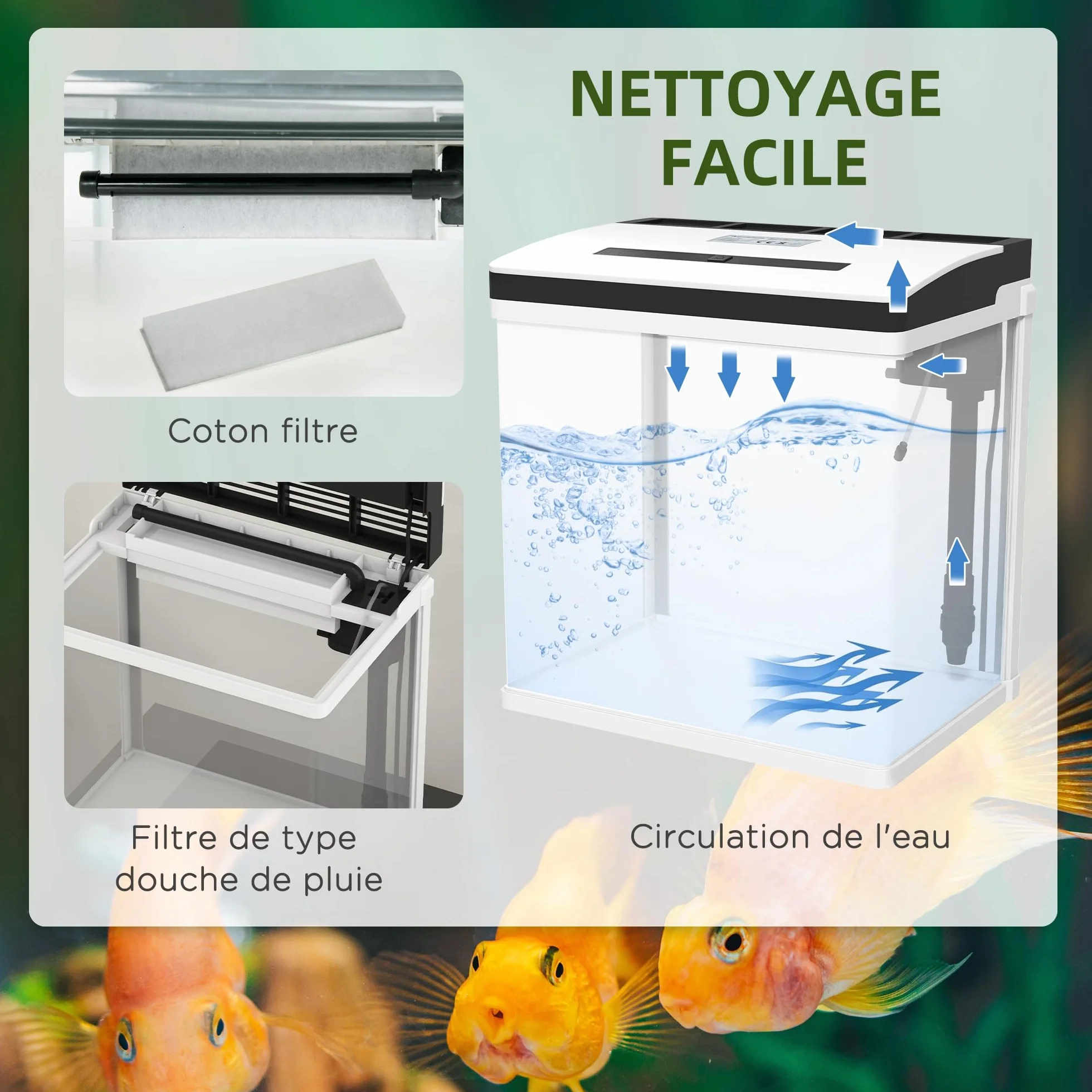 PawHut Aquarium en Verre 28L avec Filtre, Couvercle et lumière LED 38 x 26 x 39,5 cm Blanc
