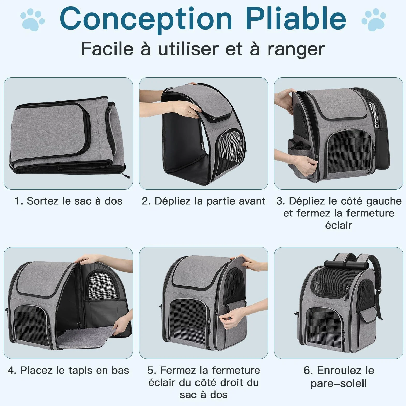 Sac à Dos Chat Chien 10kg Transport avec Fenêtre en Maille, Laisse et Tapis Intégrés Gris