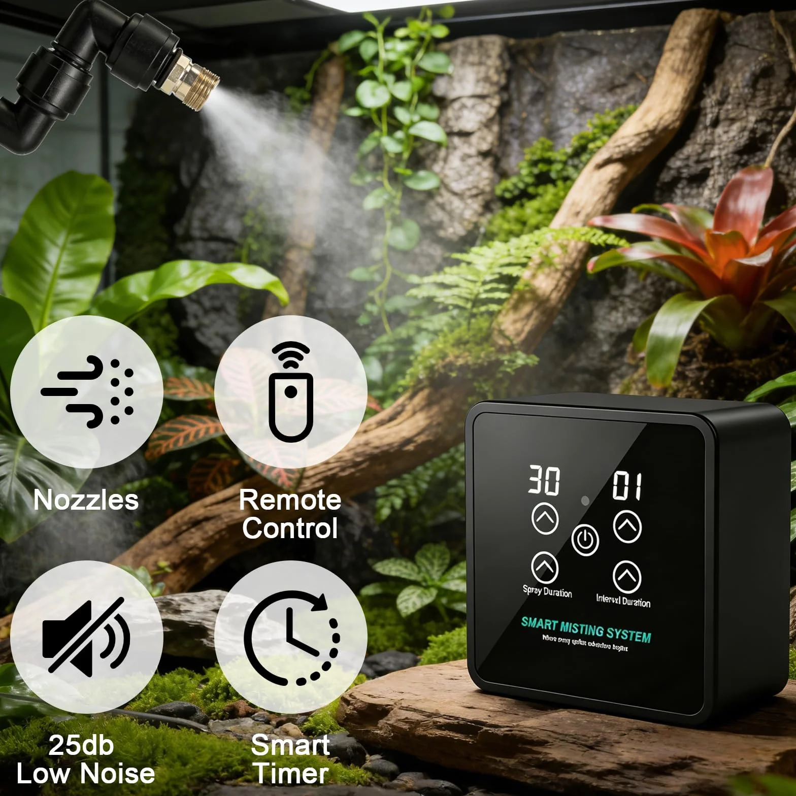 Système de Brumisation Intelligent pour Reptiles, Brumisateur Terrarium Automatique avec Minuterie, Double Buses Réglables 360°
