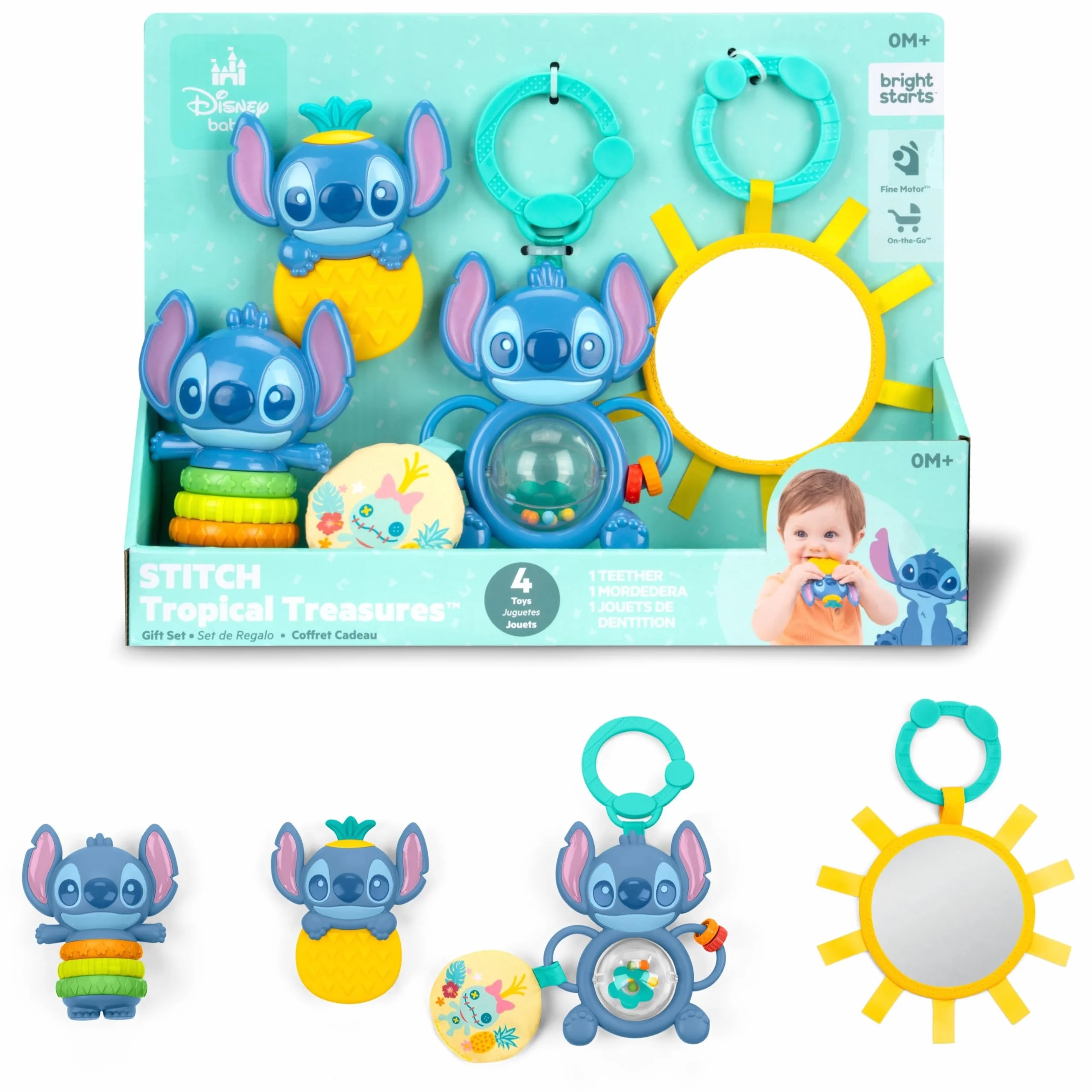 Bright Starts Disney Baby Stitch Coffret Cadeau Trésors Tropicaux 4 Jouets Miroir Anneau Dentition Nouveau-nés