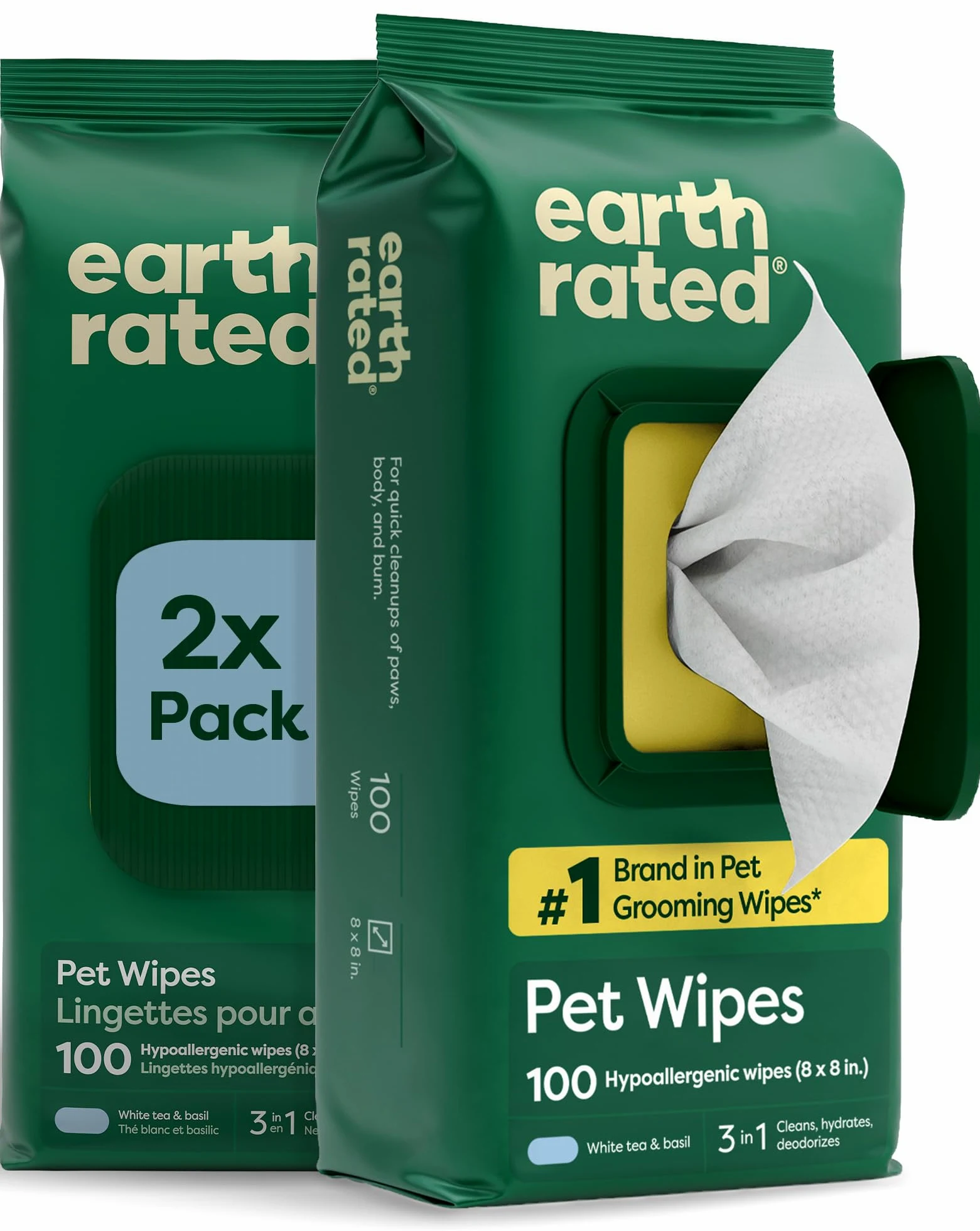Earth Rated Lot de 200 lingettes désodorisantes pour pattes et fesses – Thé blanc et basilic – Pour chiens