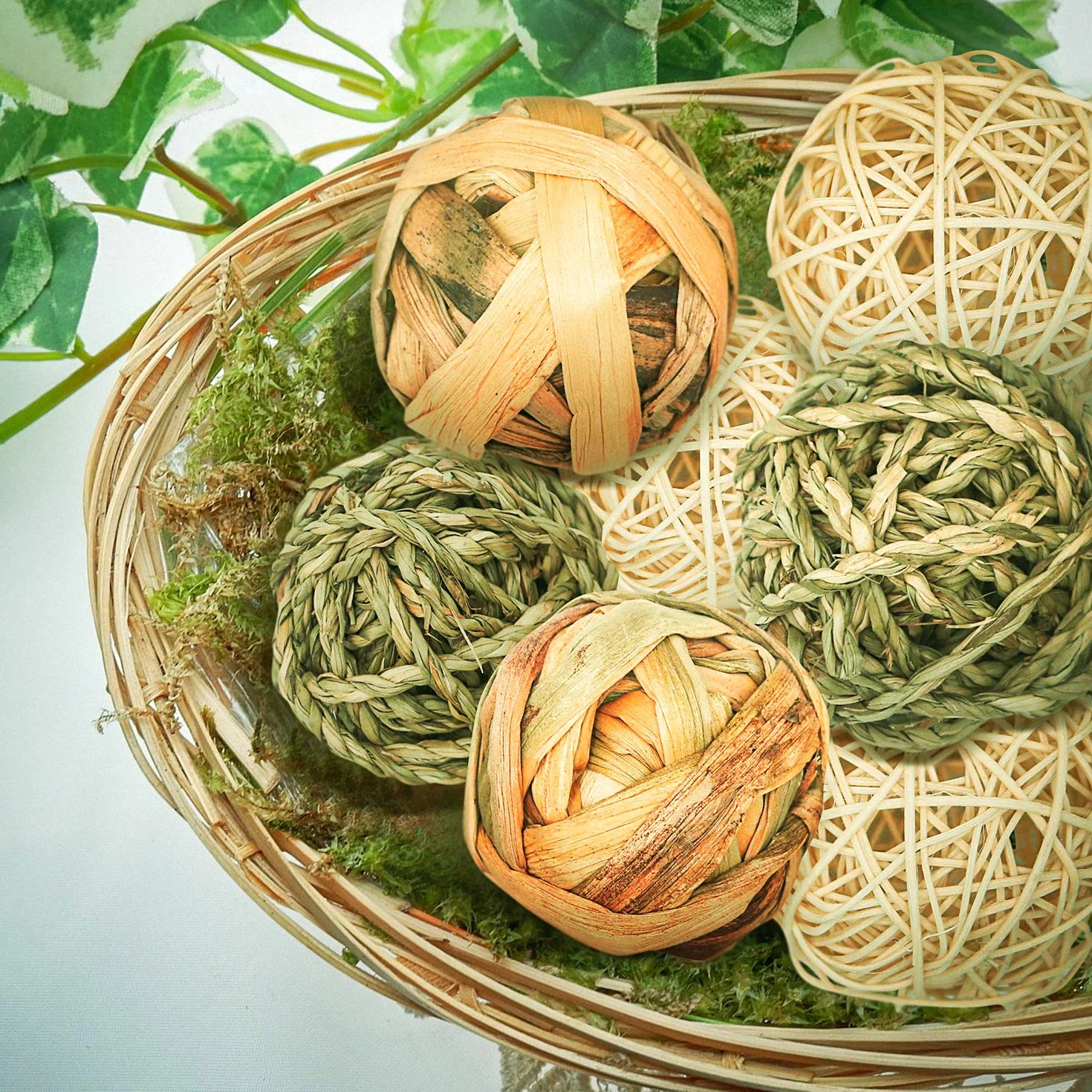 Jouets à Mâcher pour Petits Animaux 9 Pièces Balle en Rotin Boules d'herbe Santé Dentaire Lapins Hamsters