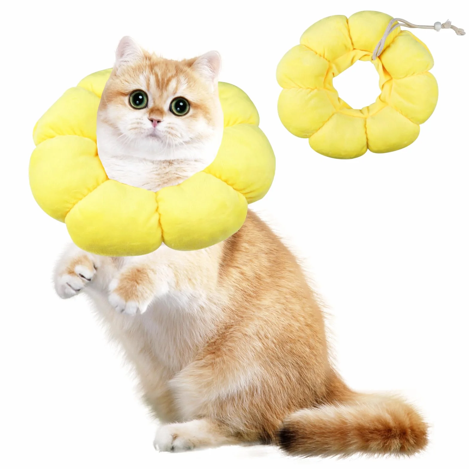 Collier de Protection Chat Tournesol, Collerette en Coton Suédé Respirant, Ajustable 14-22cm (M)