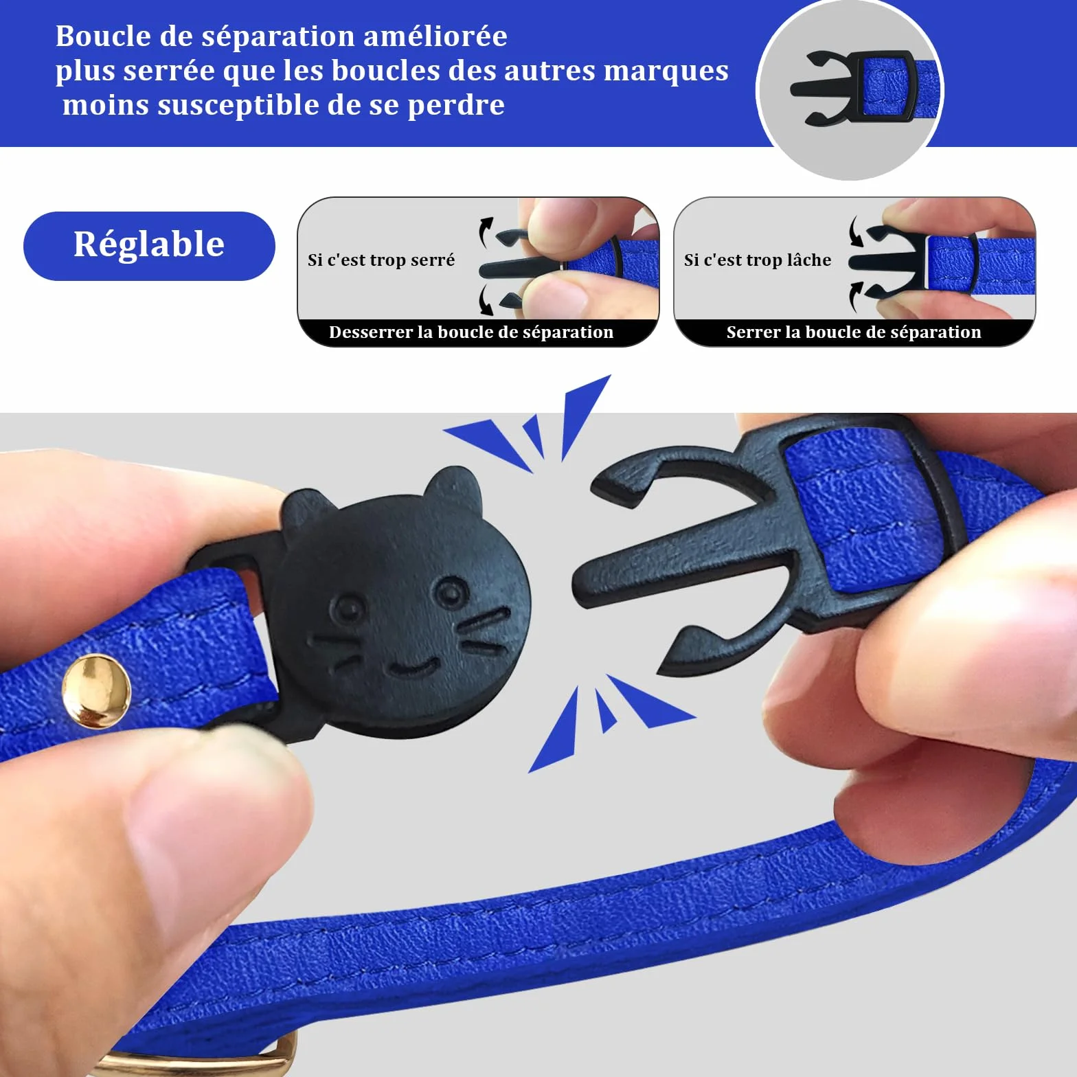 Collier Chat Anti-Étranglement en Cuir d'agneau Boucle Amovible Bleu