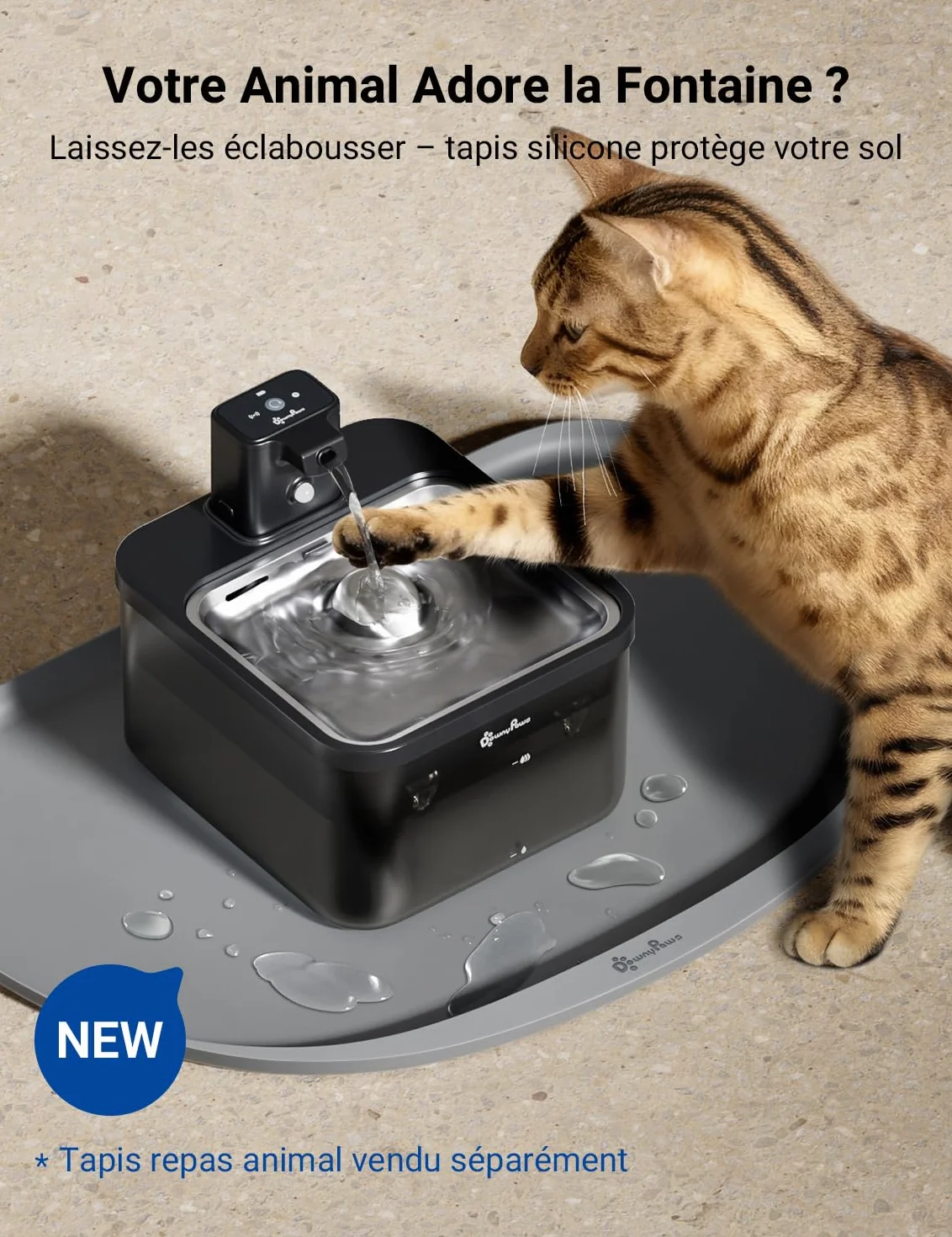 Fontaine à Eau sans Fil pour Chien 4000mAh Détecteur de Mouvement Acier Inoxydable Noir 6 Filtres