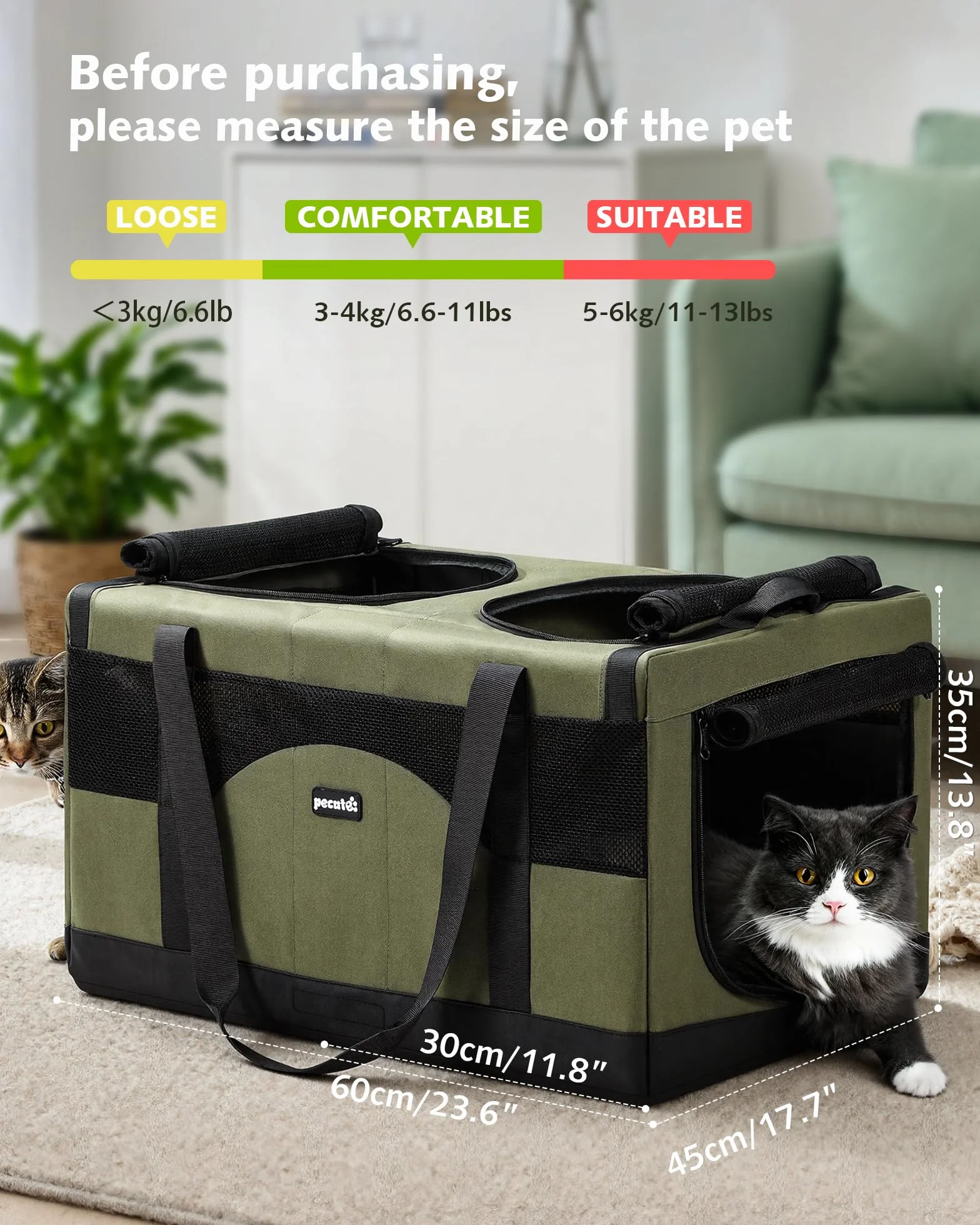 Pecute Sac de Transport pour 2 Chat, Cadre Ultra Stable, Pliable, Vert