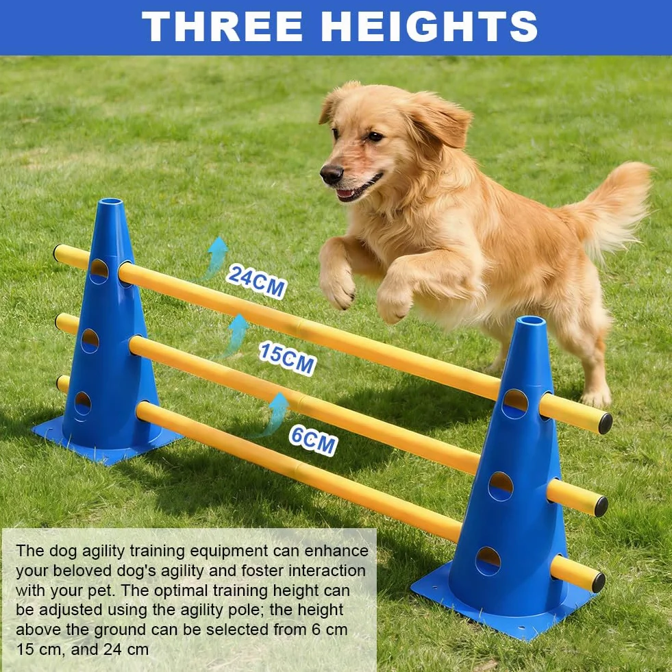 Kit de dressage pour chien Cavaletti Agility - 23 cm hauteur - 10 cônes et 5 barres - Sac en filet