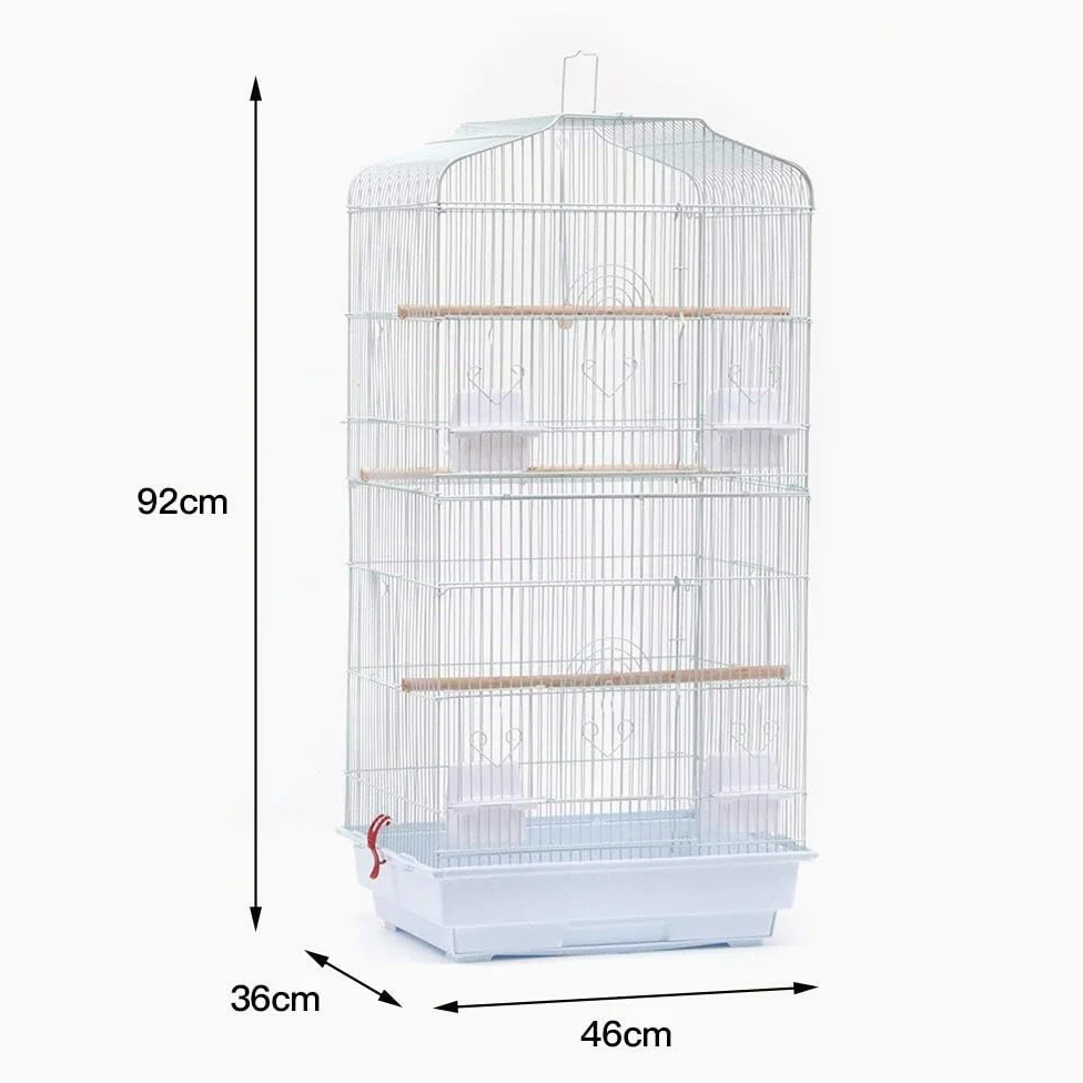 Cage à Oiseaux Décorative avec Toit Ouvrable, Cage à Perruches en Métal avec Balançoire, Plateau Coulissant, Multiples Portes, Perchoirs, Cage pour Les Petits Oiseaux-46 * 36 * 92cm (Blanc)