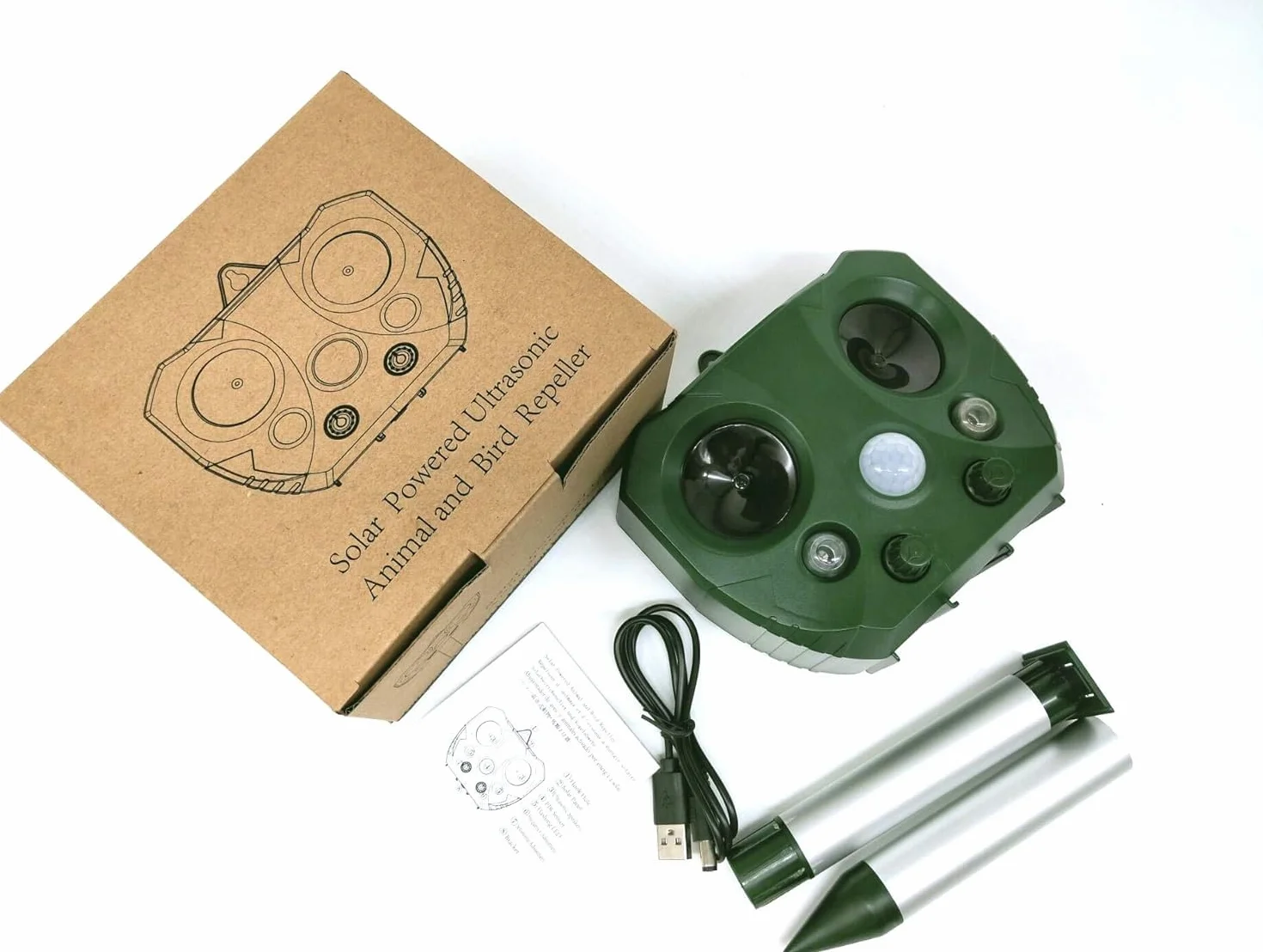 Répulsif à ultrasons pour Animaux et nuisibles | Chat, Chien Effrayeur | Dissuasion du Blaireau, du Renard et du Lapin | Panneau Solaire, Batterie Rechargeable, capteur Infrarouge, Flash LED,1pcs