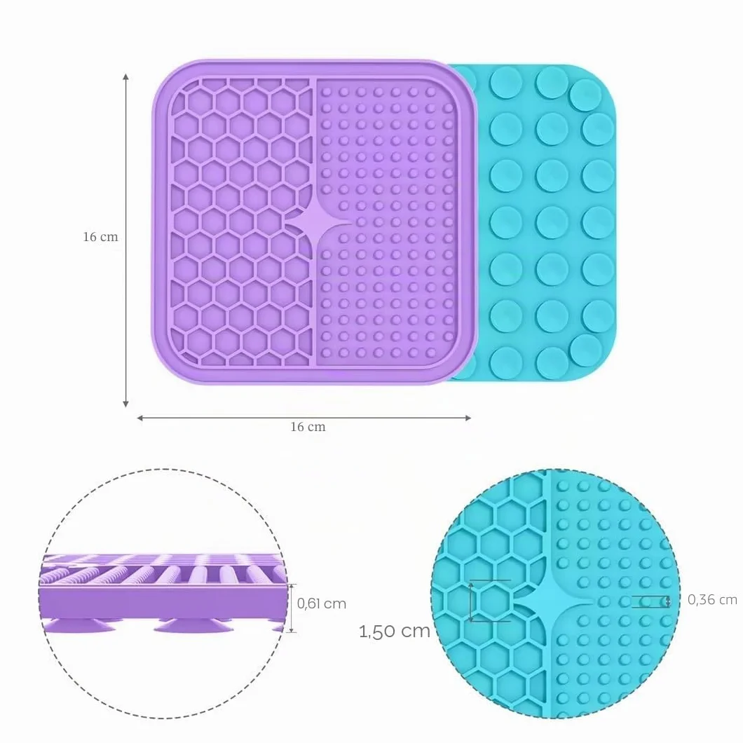 Tapis de Léchage Chiens et Chats 15x15cm Alimentation Lente Anti-Anxiété Bleu Ciel Violet