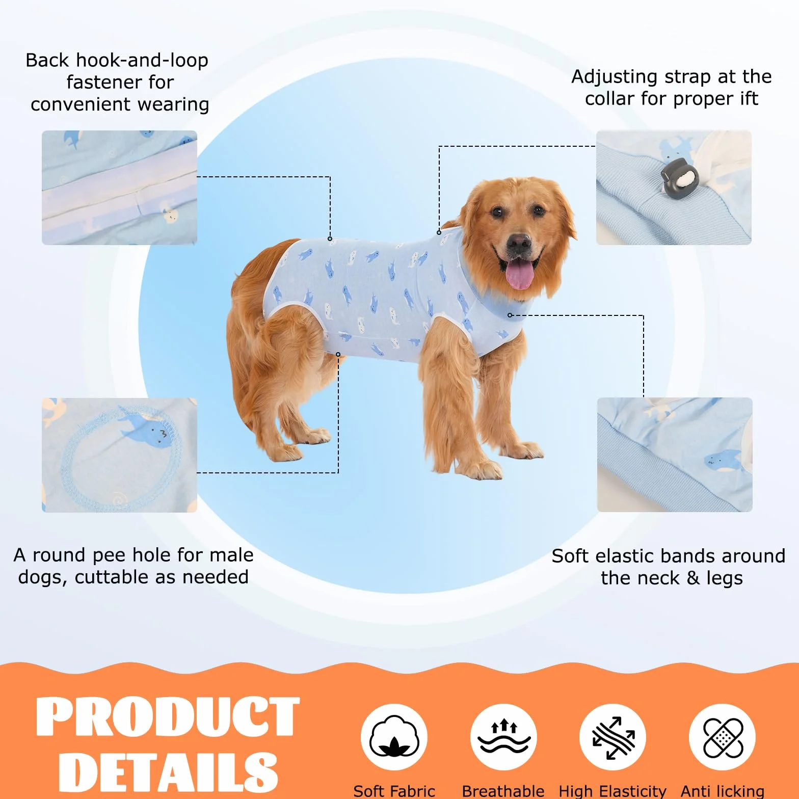 Combinaison de Récupération pour Chiens après Chirurgie, Body Chirurgical Chien Femelle Mâle, Protection Post Opératoire (Blue-Baleine, XL)