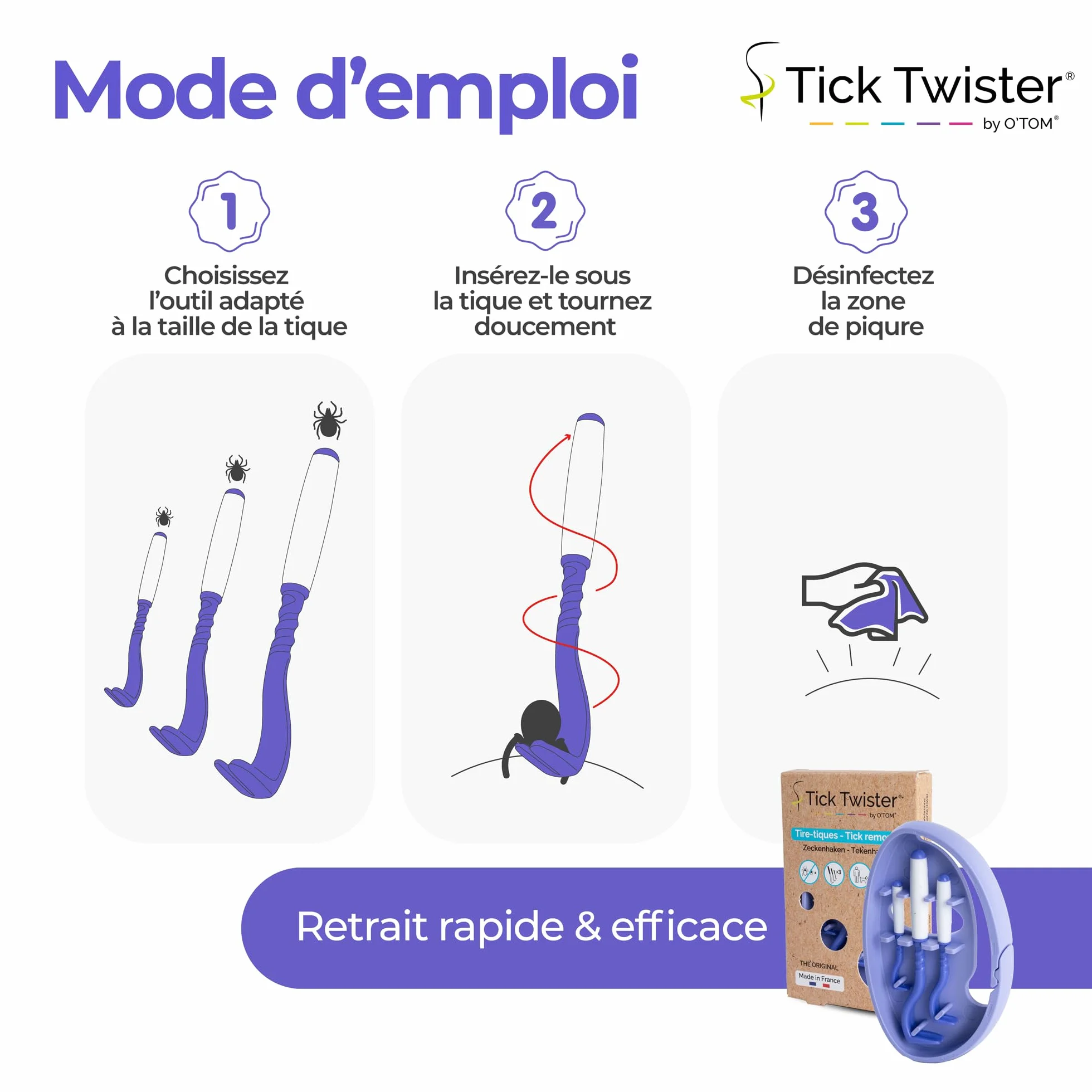 Pince à Tique Tick Twister pour Chien, Chat et Humain - Set de 3, Retrait Facile et Rapide, Violet
