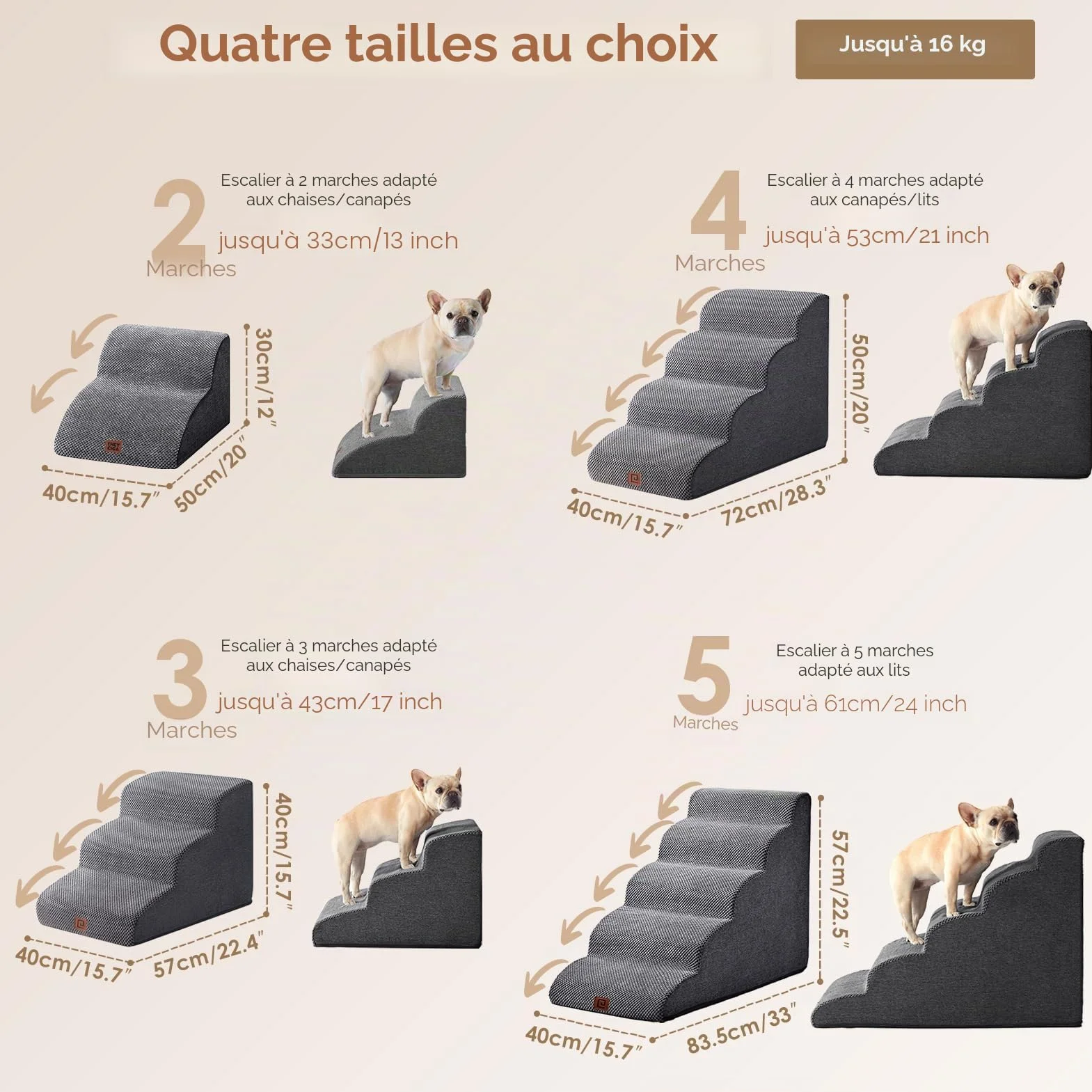 EHEYCIGA Escalier pour Chiens et Chats 3 Marches, Mousse Haute Densité, Antidérapante, Housse Amovible et Lavable, Gris