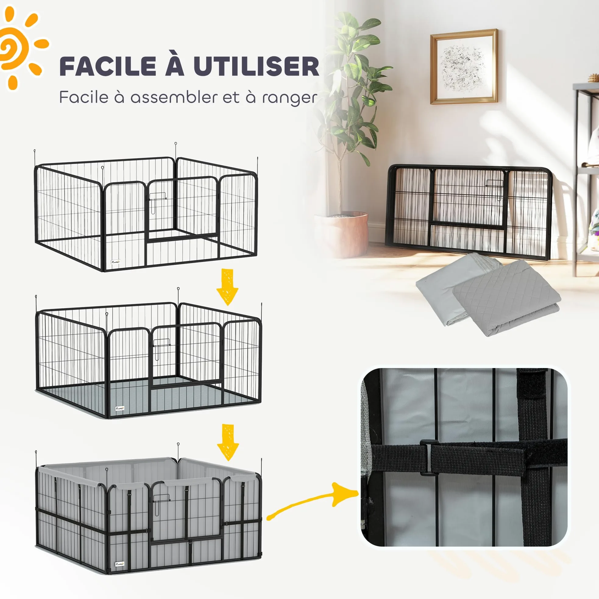 PawHut Parc de Mise Bas pour Chien, Caisse de Mise Bas pour Chiens, avec Porte verrouillable, Tissu Oxford 600D, Tapis de propreté Lavable, enclos Chien, en Acier, 122 x 122 x 60 cm, Noir | Caisse de Mise Bas, Porte Verrouillable, Tissu Oxford 600D, Tapis