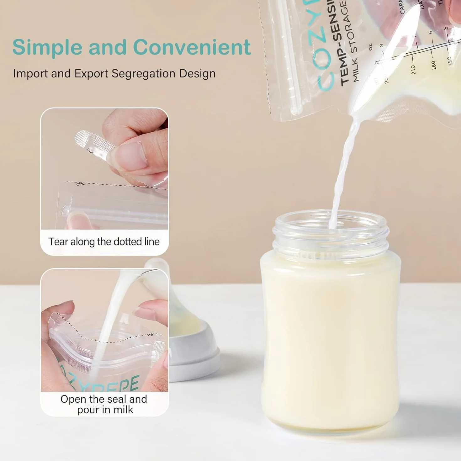 Sacs de Conservation du Lait Maternel 100 PCS 250ml avec Bec Verseur et Changement de Couleur Sensible à la Température