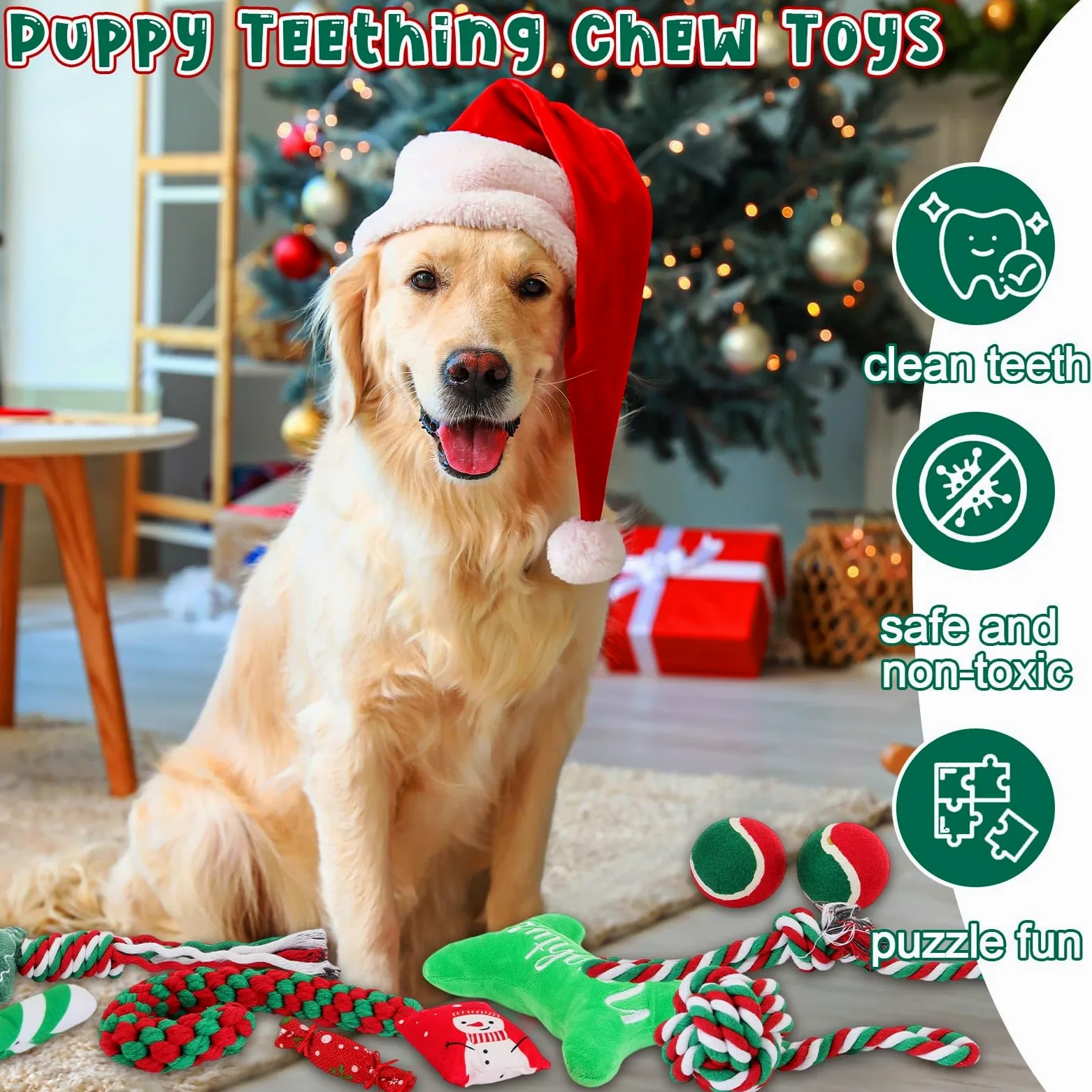 Lot de 16 jouets de Noël pour chien - Jouets couineurs en corde à mâcher pour chiens de petite, moyenne et grande taille - Cadeau de dentition