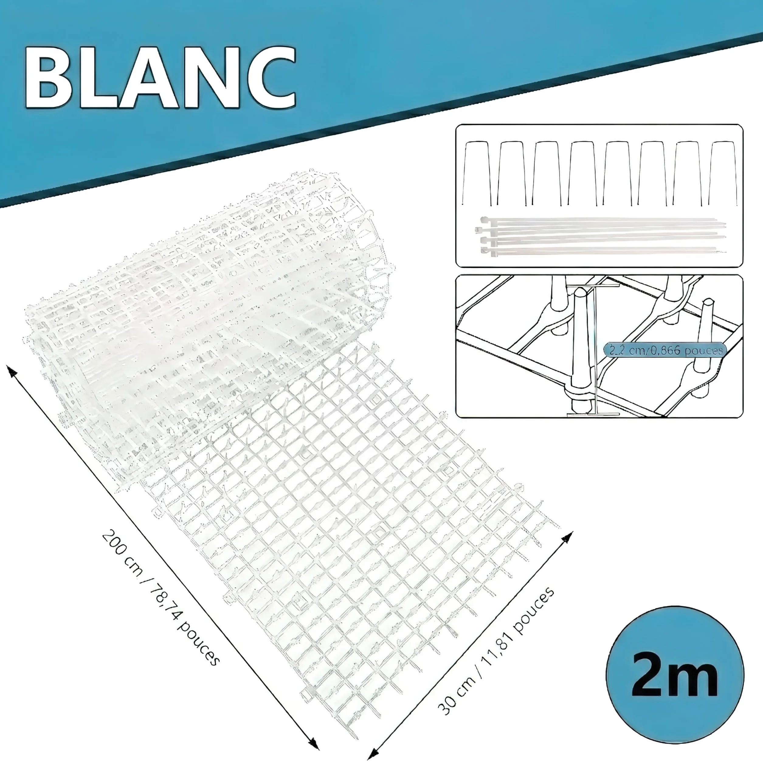Tapis répulsif pour animaux de compagnie blanc 1,98 m avec piquets de sol et attaches pour jardin