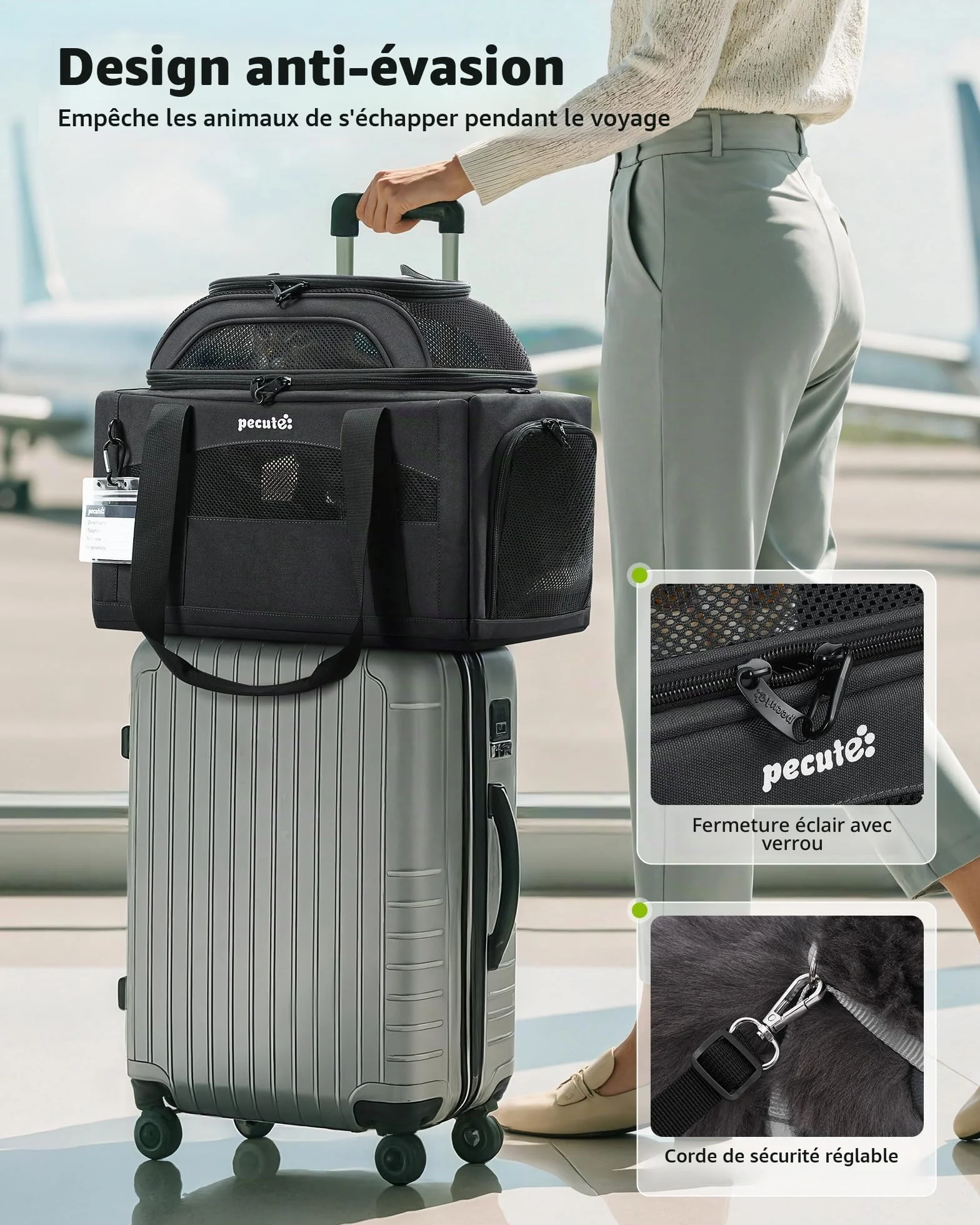 Pecute Sac de Transport pour Chat Extension Supérieure, Cadre Ultra Stable, Pliable, Gris Foncé