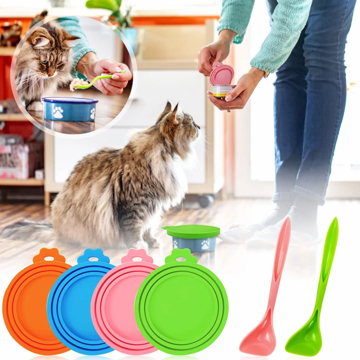 4 Pièces Couvercles Silicone de Conserve, Universels en Silicone Couvercles de Boîtes pour Aliments pour Chats et Chiens 3 en 1 Couvercle Boite Conserve Chat avec 2 Cuillères
