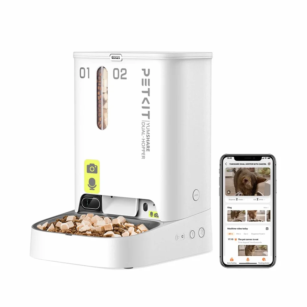 PETKIT Distributeur Automatique de Croquettes pour Chat Caméra HD 1080P Vision Nocturne Wi-Fi 2.4G Double Trémie 5L Bol INOX