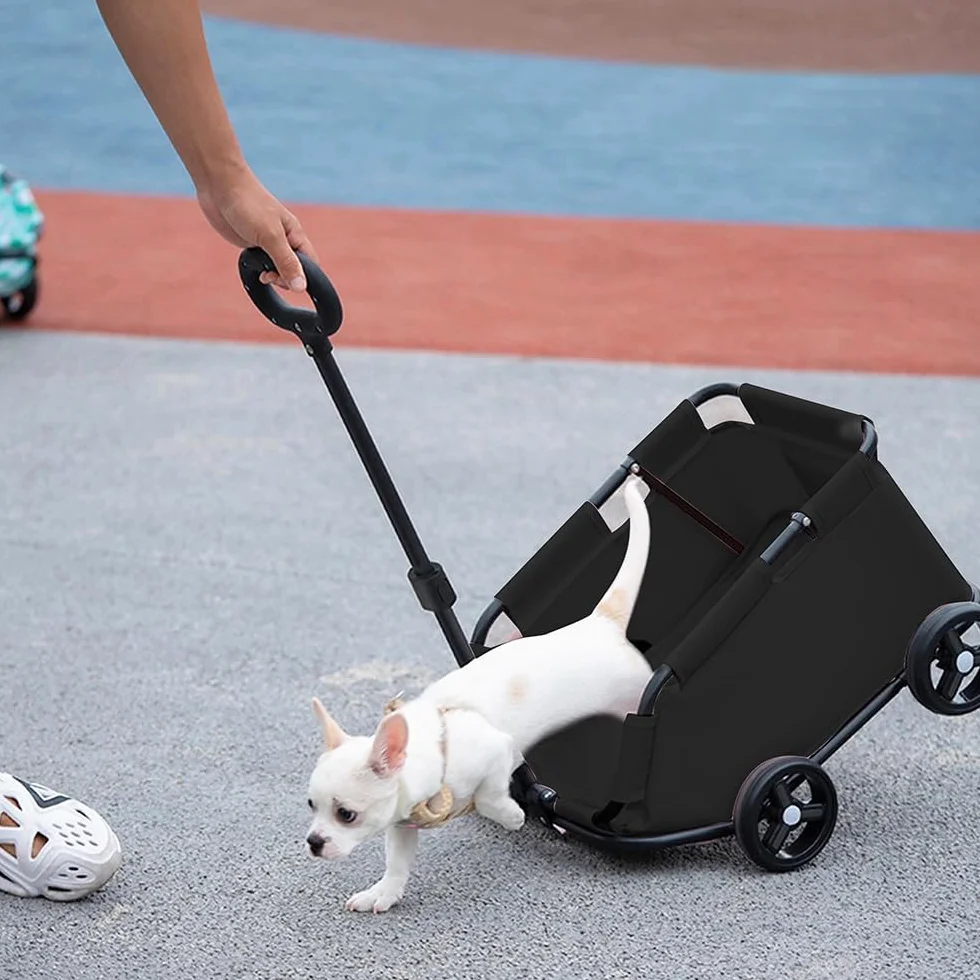 Poussette pour chiens pliable pour animaux de compagnie miniature,chariot pour chien,avec barre de poussée réglable, design ouvert, coussin, sac de rangement et roulettes