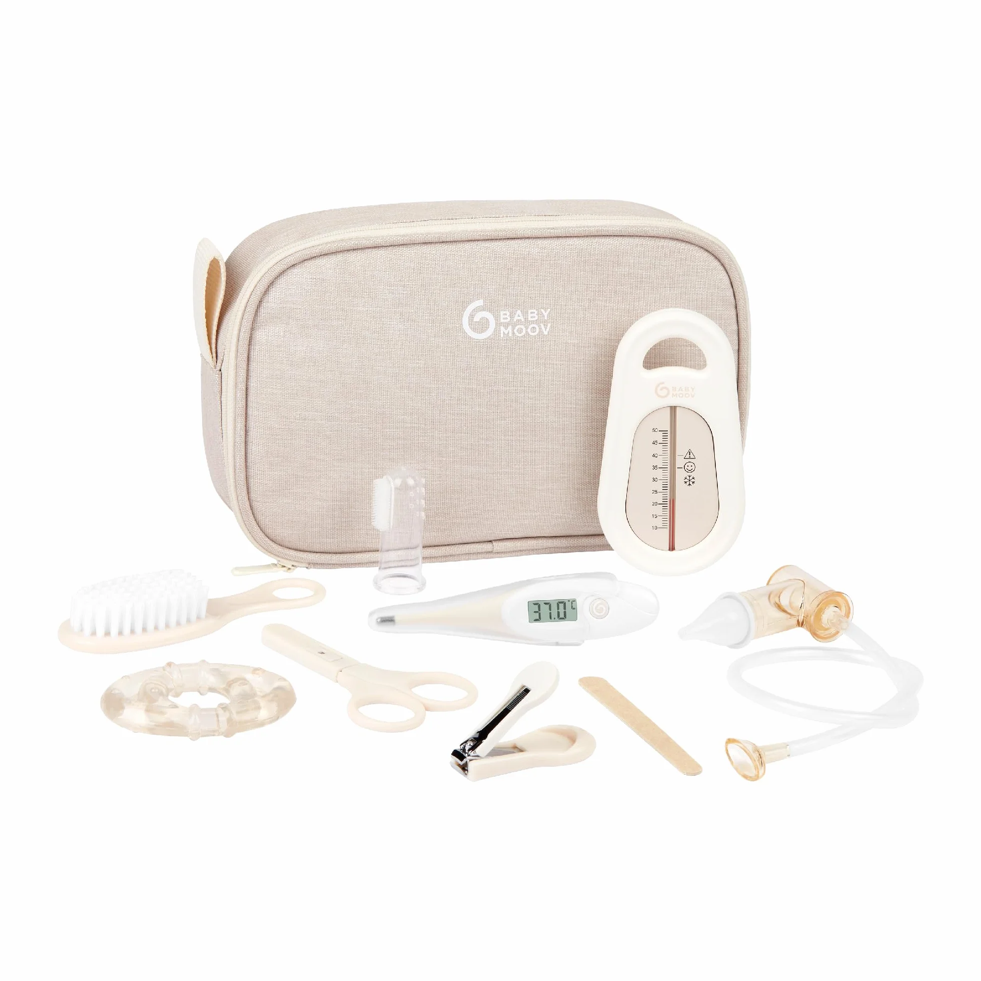 Babymoov Trousse de Soin Bébé - 9 Accessoires Essentiels - Brosse à Cheveux, Thermomètre digital, Thermomètre de bain, Coupe Ongles