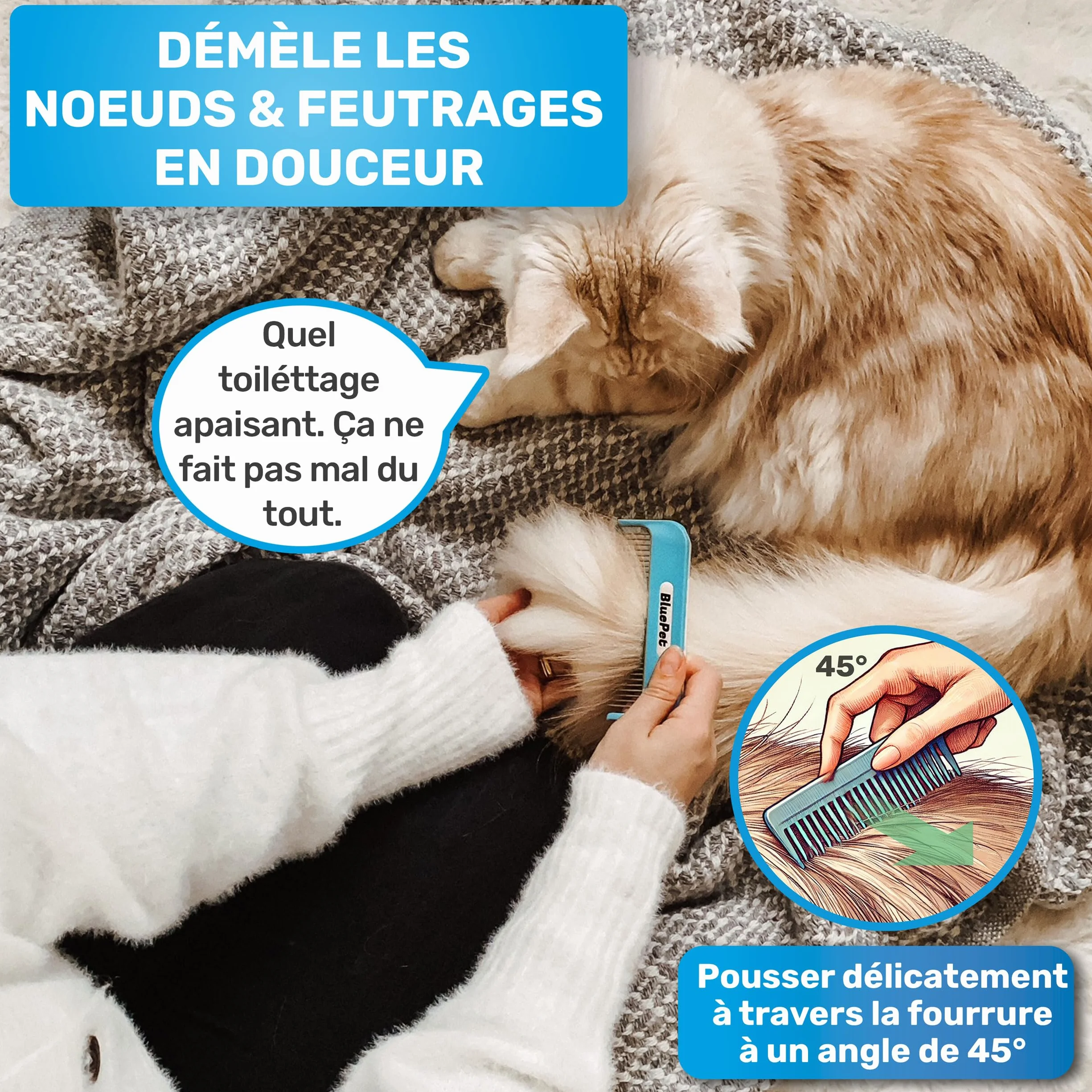 BluePet Peigne Magique Pour Chien & Chat à Poil Long, Brosse Anti Nœud avec Dents Rotatives