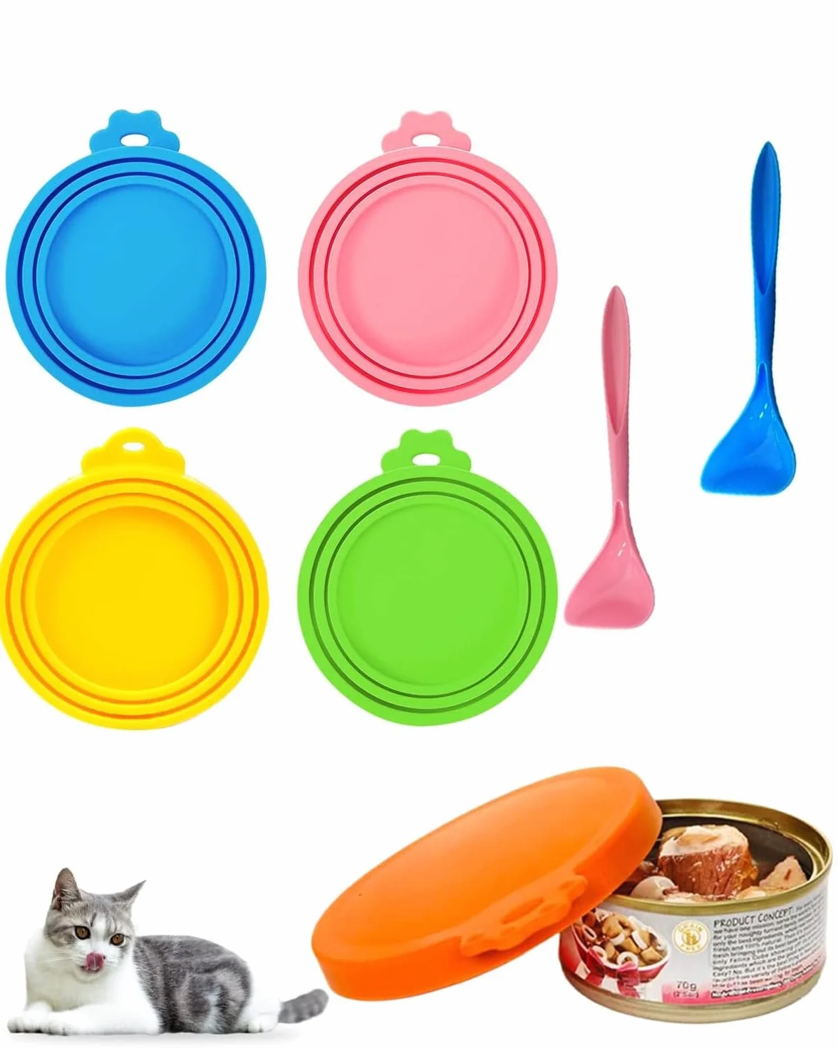 6 Pcs Couvercle Boite Chat Couvercles de Boîtes de Nourriture Chien, Couvercles Silicone Réutilisable Coque Boîte de Nourriture Chien pour Chien Animaux de Compagnie 3 en 1, 2 cuillères