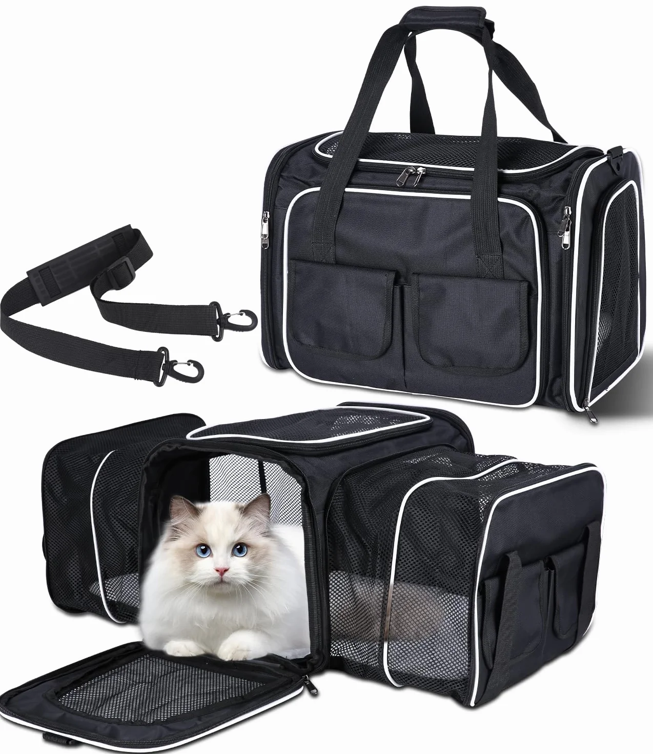 Sac de Transport pour Chat Pliable avec Matelas en Peluche, Poches Latérales, pour Voyage en Avion Train