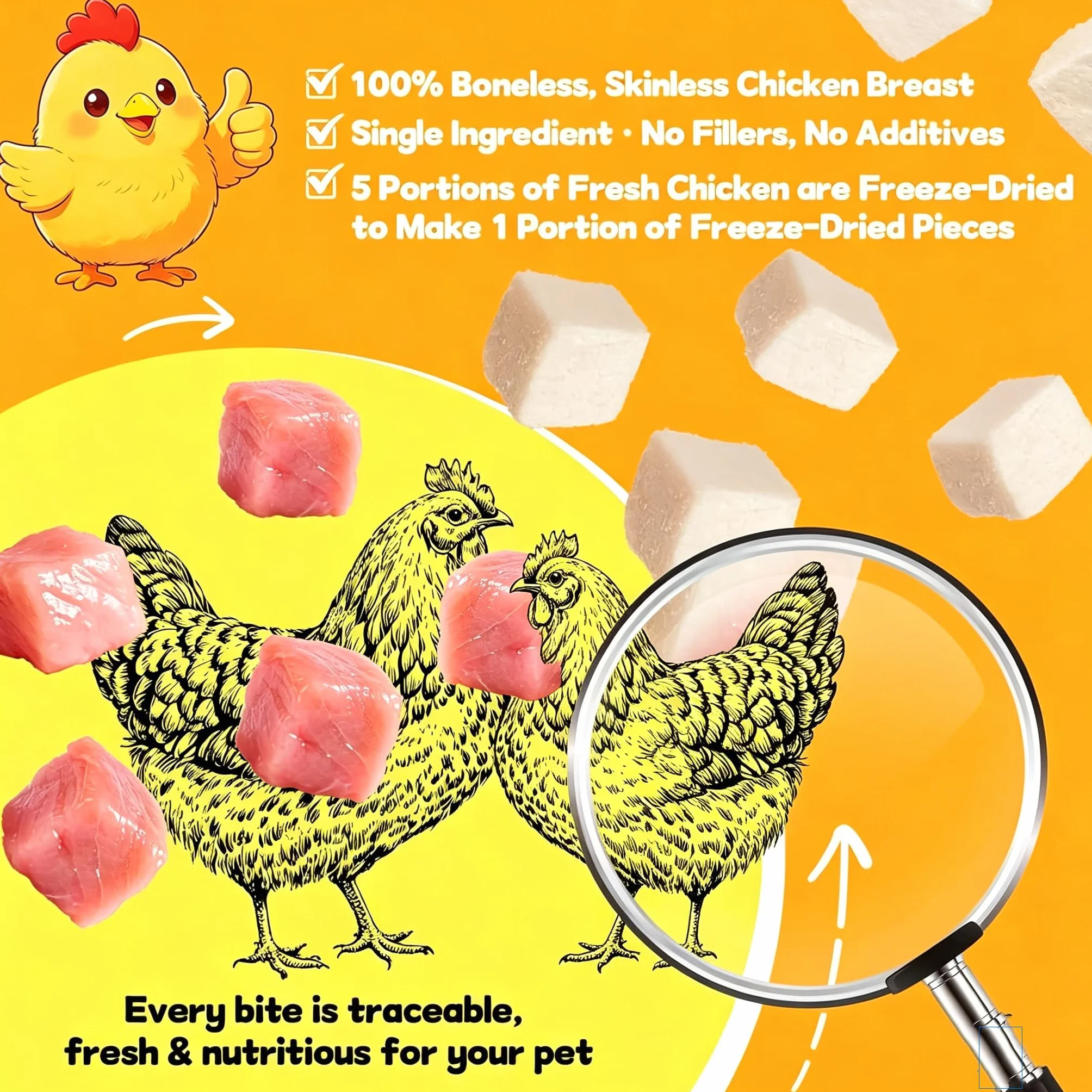 Friandises de poulet lyophilisé pour chats et chiens, riches en protéines, faibles en gras, snack FreezeDried